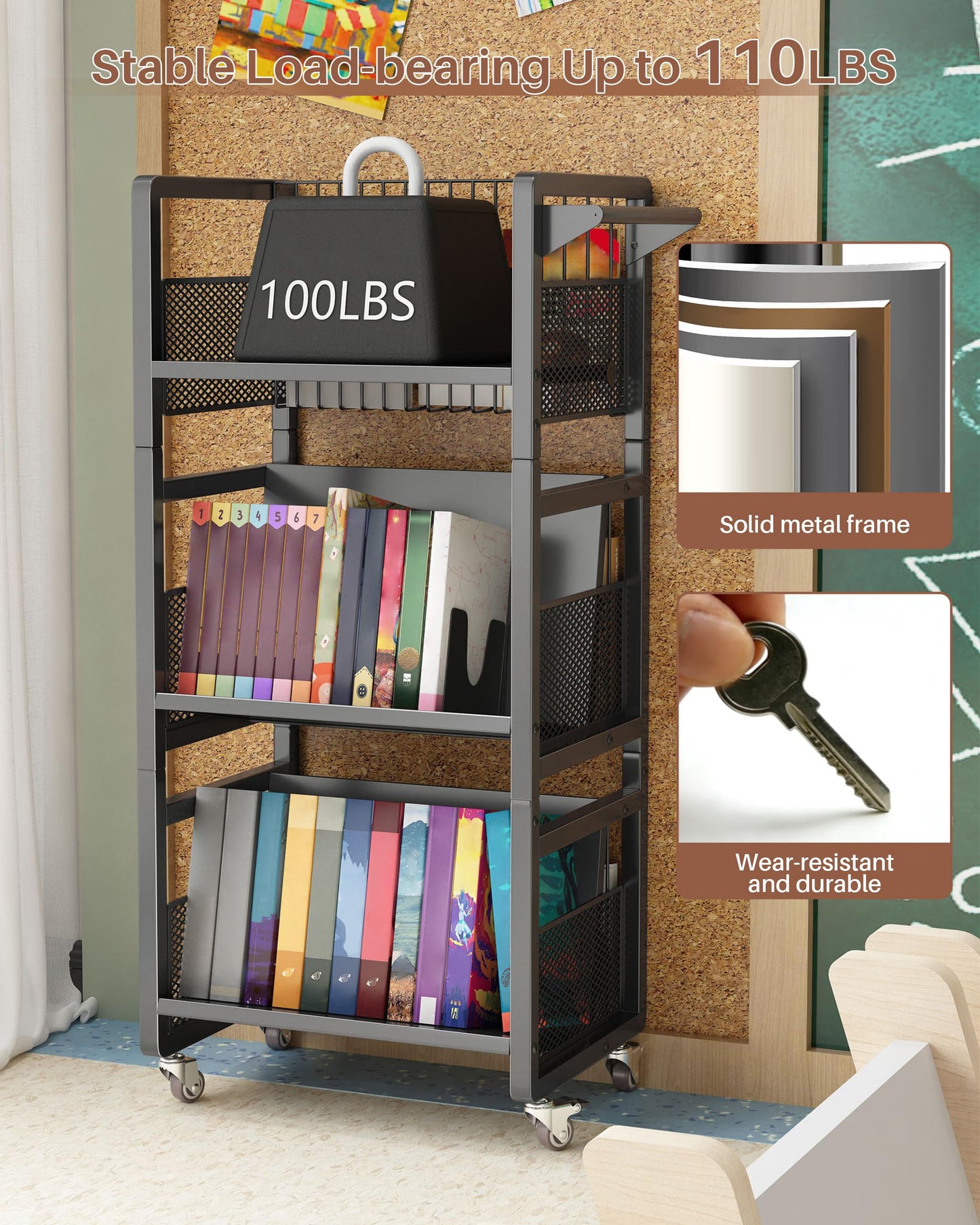 UMDONX Book Cart Heavy Duty Double-Sided with Silent Wheels & 3 Magnetic Book Supports Rolling Bookshelf Library Book Truck for Home, Office, or School