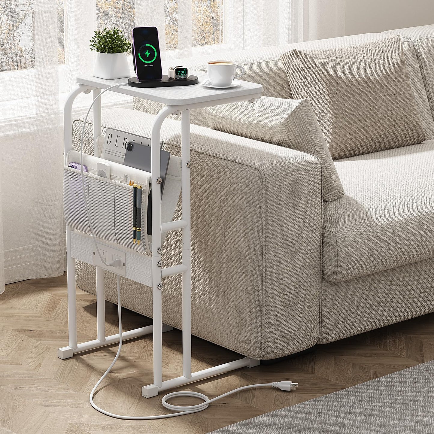 Olldide C-Shaped End Table with Charging Station and Storage Bag, Slide Under Couch Sofa Side Table, Metal Frame for Living Room, Bedroom, Small Space (White)