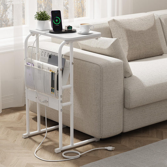 Olldide C-Shaped End Table with Charging Station and Storage Bag, Slide Under Couch Sofa Side Table, Metal Frame for Living Room, Bedroom, Small Space (White)