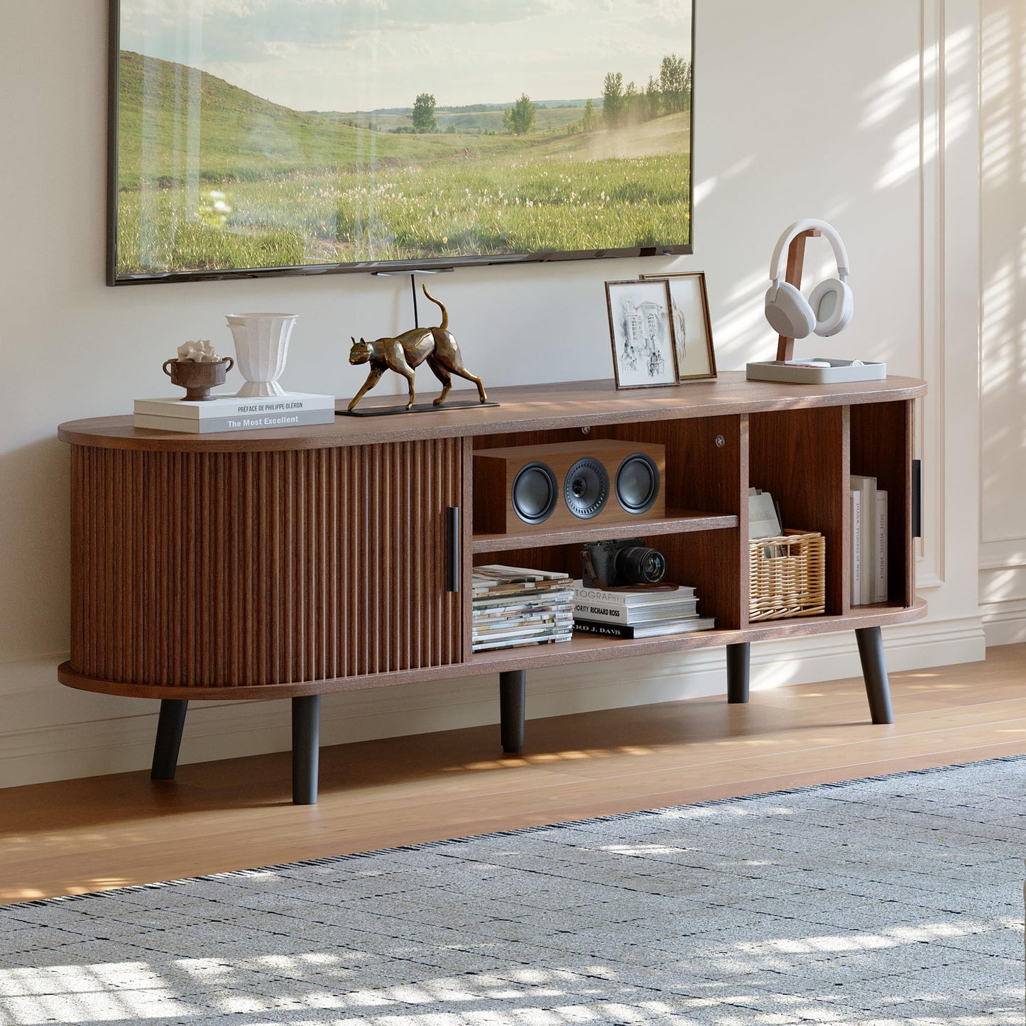 ChooChoo Mid Century Modern TV Stand for TVs up to 60 Inch, Entertainment Center with Fluted Sliding Doors and Hidden Storage, TV Console with Adjustable Shelf for Living Room, Bedroom, Walnut