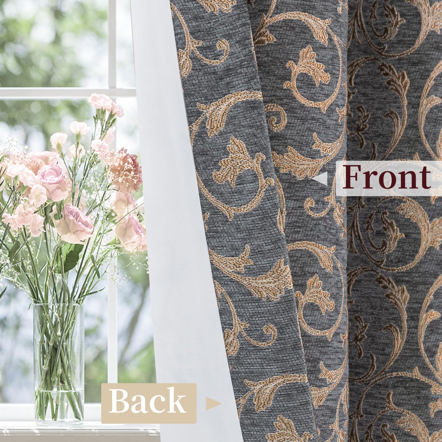Loom and Mill Elegant Damask Window Curtain Panels for Bedroom Living Room, Classic Acanthus Chenille Jacquard Curtains 84 inches Long with Lining and Matching Tiebacks, Rod Pocket(2 Panels, 52x84)