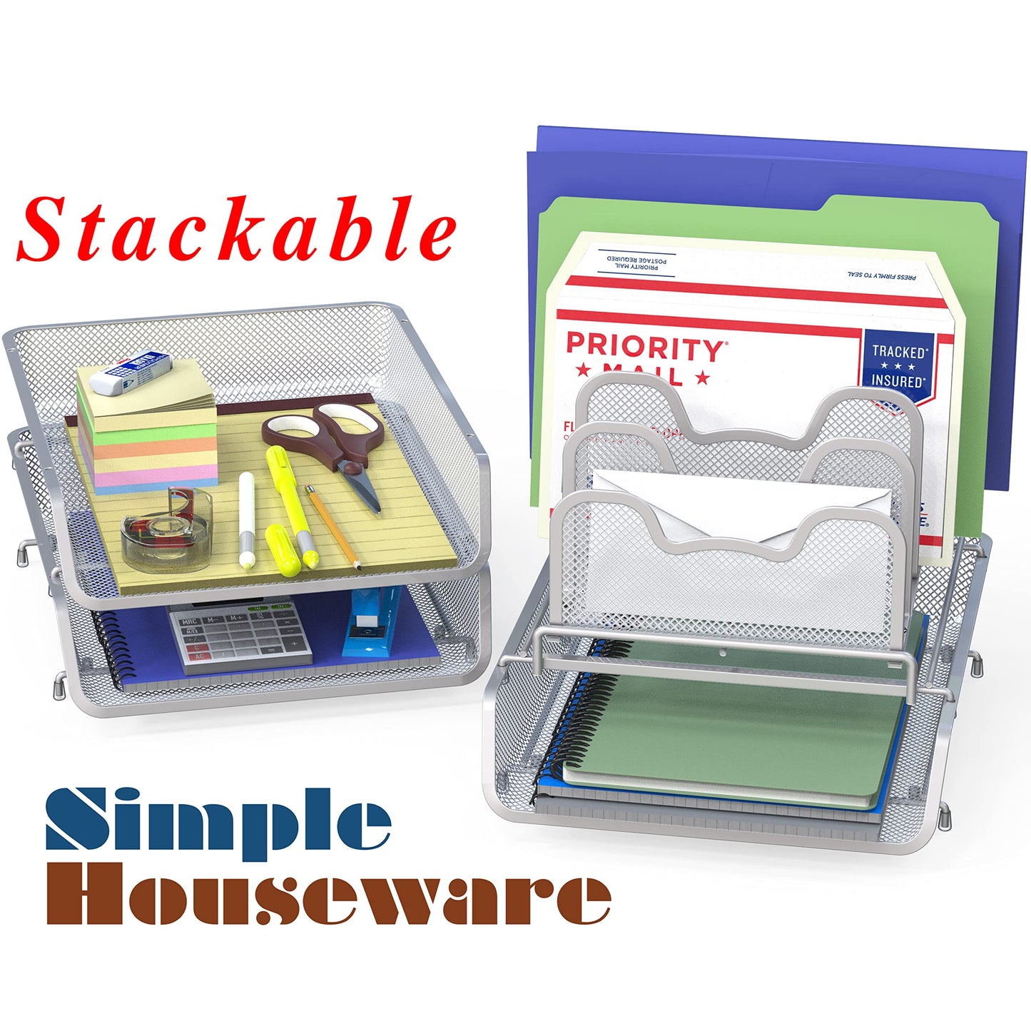 Simple Houseware 3-Tier Stackable Desk Organizer with 5 Compartments - Letter Tray and Step File Sorter, Silver
