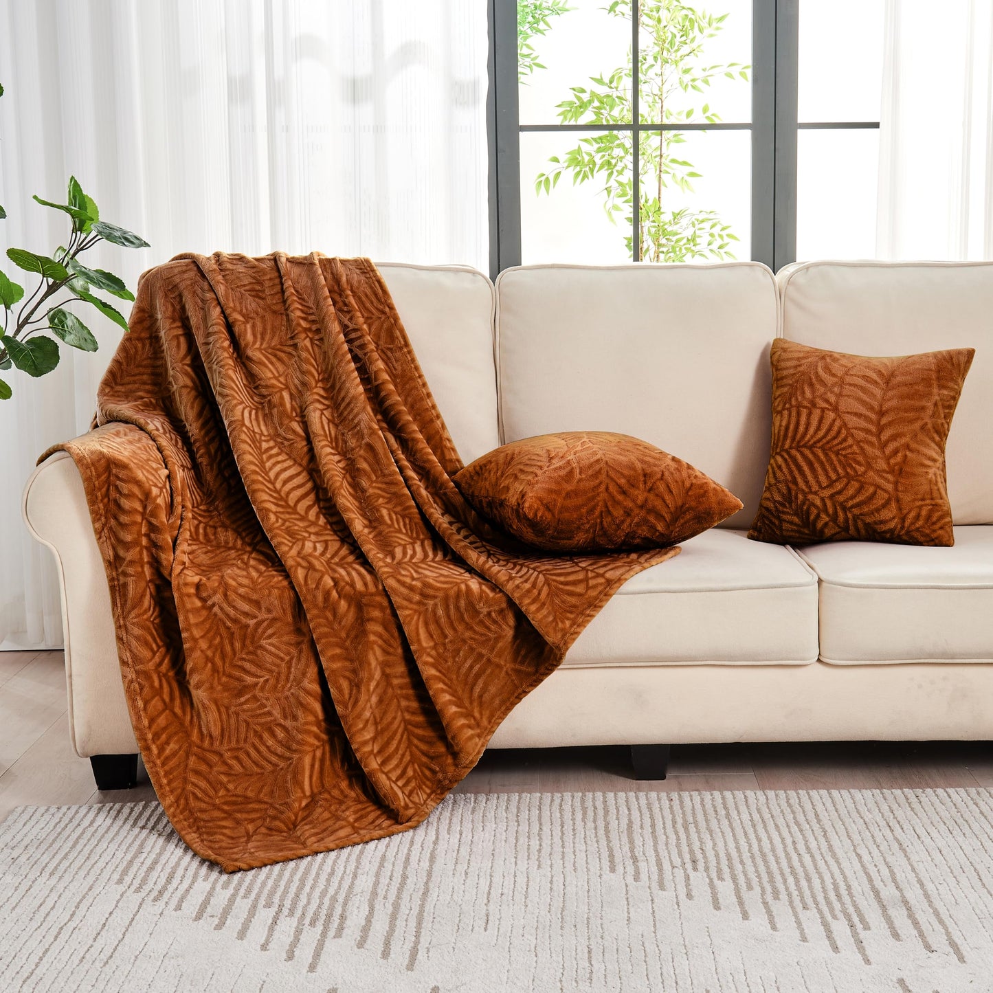 SOCHOW Leaves Textured Fleece Throw Blanket & Throw Pillow Covers & Body Pillow Cover, Caramel