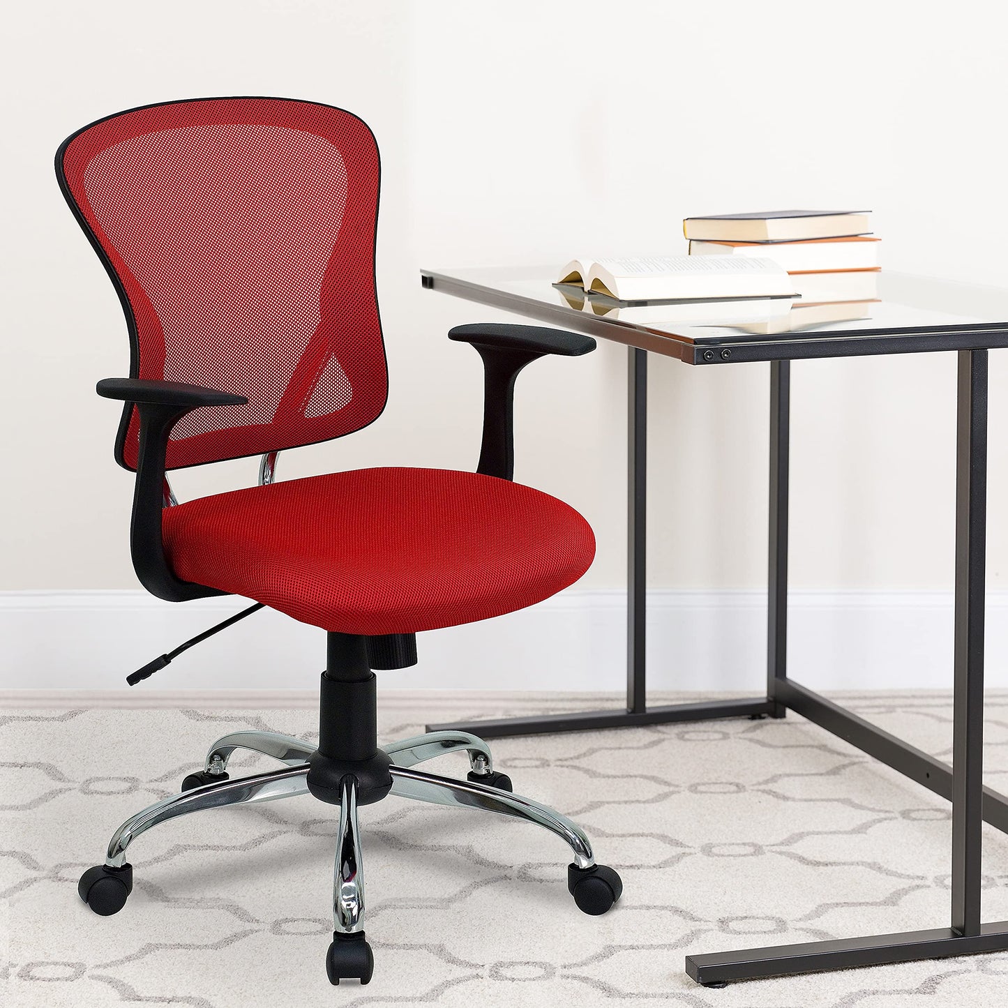 Flash Furniture Alfred Mid-Back Red Mesh Swivel Task Office Chair with Chrome Base and Arms