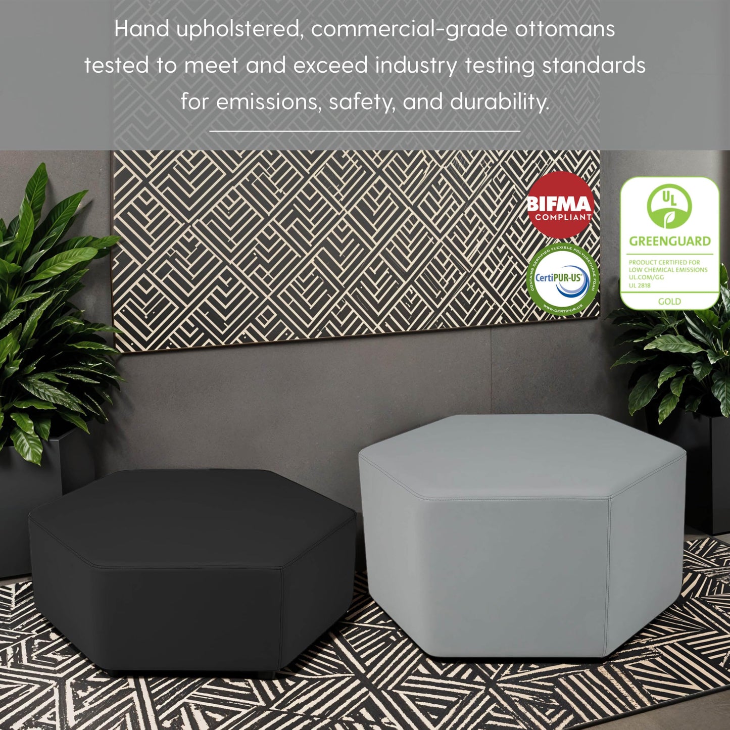 FDP Pro Series Hexagon Accent Ottoman (12" Height) Hand Upholstered Commercial Furniture for Hotel Lobby, Office, Restaurant, Home and More Collaborative and Configurable Seating - Black