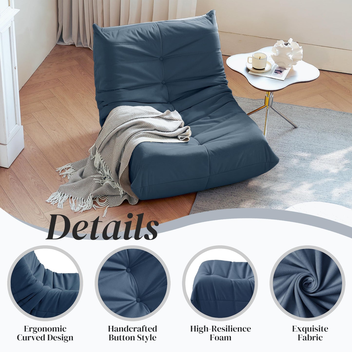 Bean Bag Chair, Fireside Chair Bean Bag Sofa for Adults, Bean Bag Chairs for Teens with High-Resilience Foam, Memory Foam & Non-Slip Base Bean Bag for Living Room, Bedroom, Office (Suede, Dark Blue)