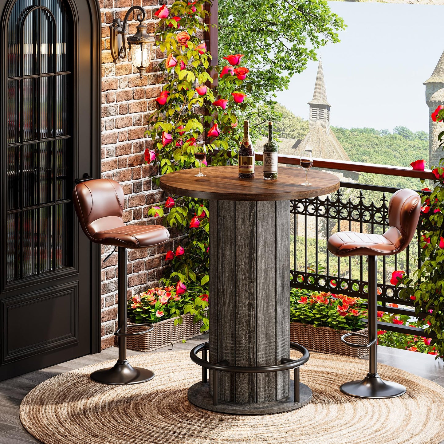 Tribesigns Round Bar Table, 39.4" H Wood Bistro Pub Table with Metal Ring Footrest for Dining Coffee Cocktail Living Room, Small Space, Brown & Gray (Only Table)