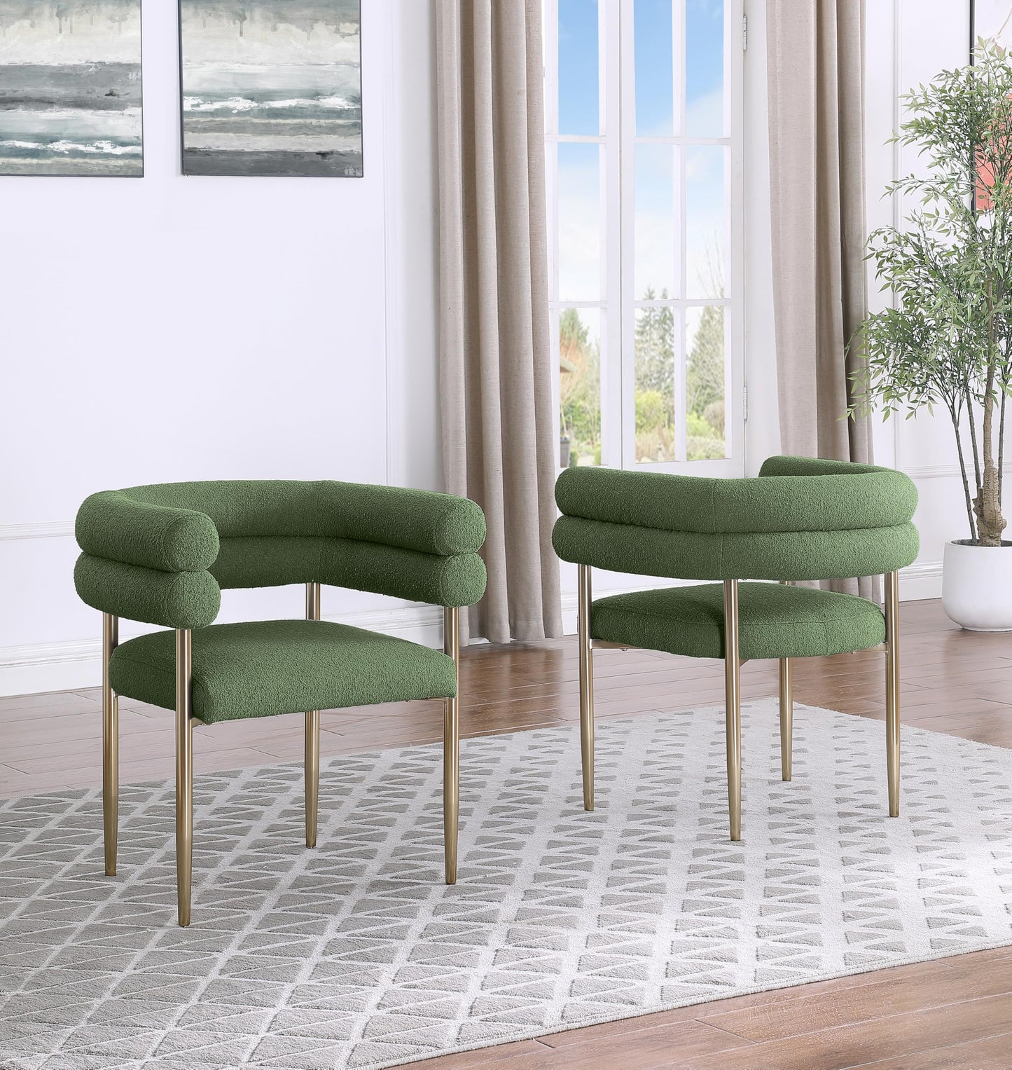 Modern Double Bolster Dining Chairs Set of 2, Teddy Upholstered Tub Chairs with Gold Base, Mid-Century Accent Chairs for Dining Room, Living Room, & Office (Green/Gold)