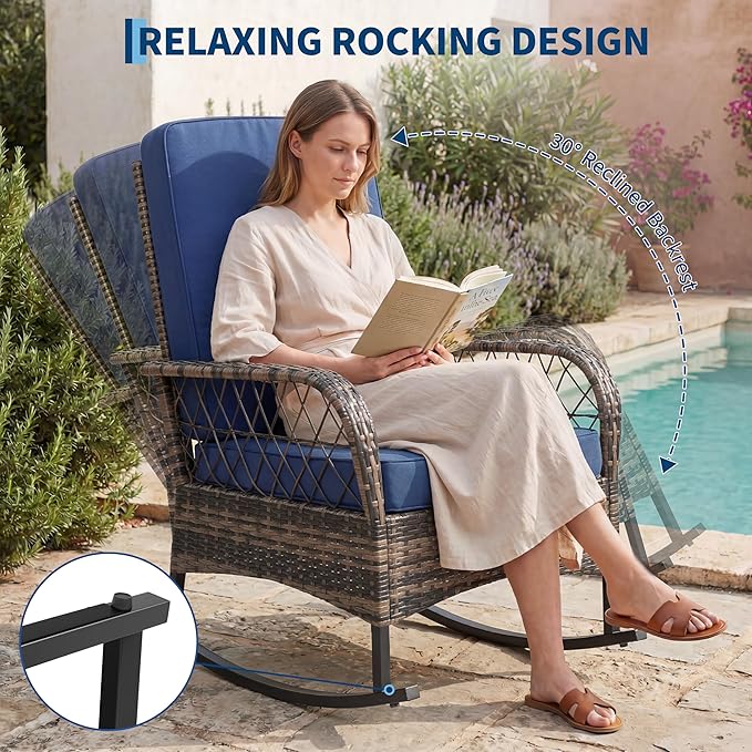 GarveeHome 3-Piece Outdoor Rocking Chair Set, Wicker Rattan Patio Furniture