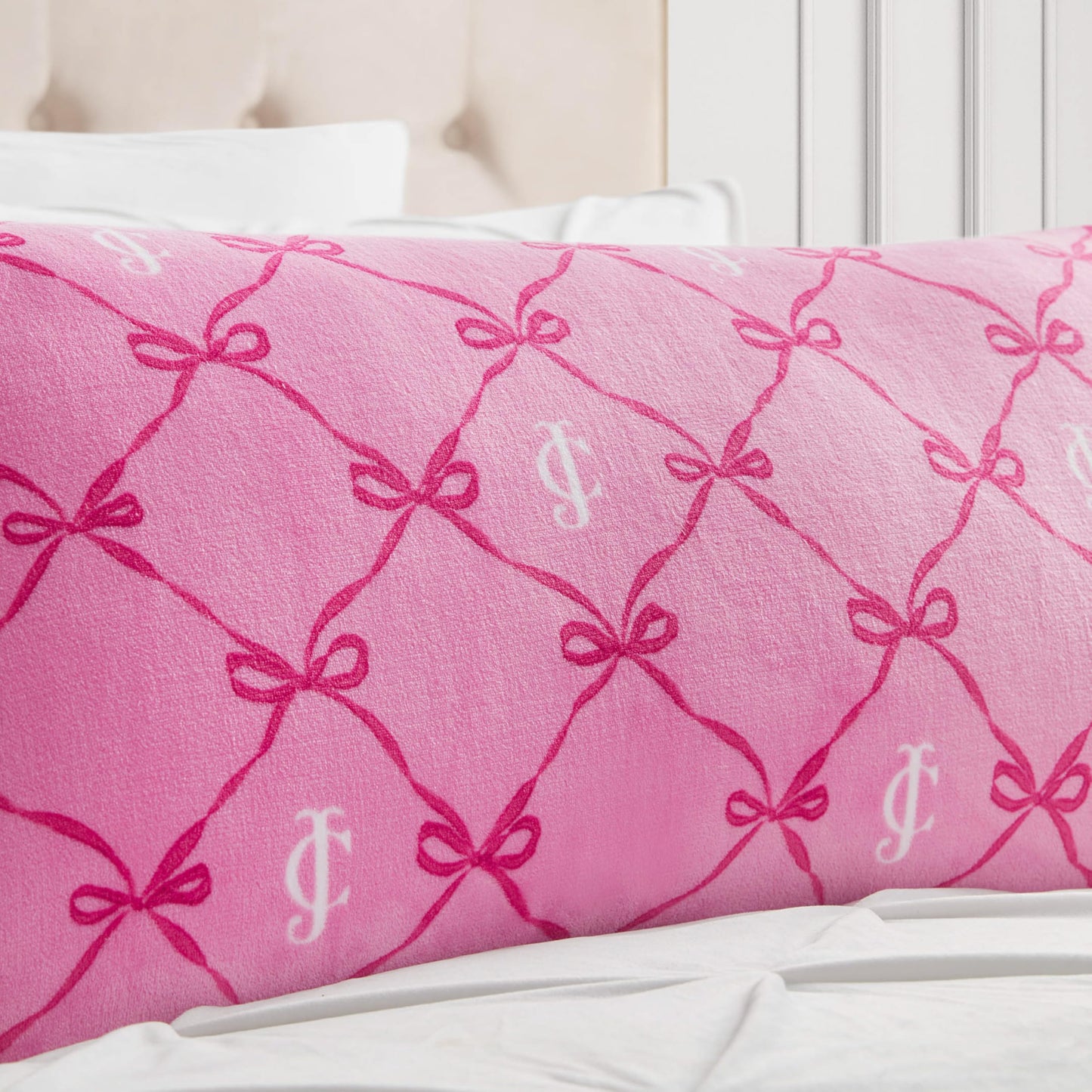 Juicy Couture 18" x 36" Plush Body Pillow, Pink Bow Lattice