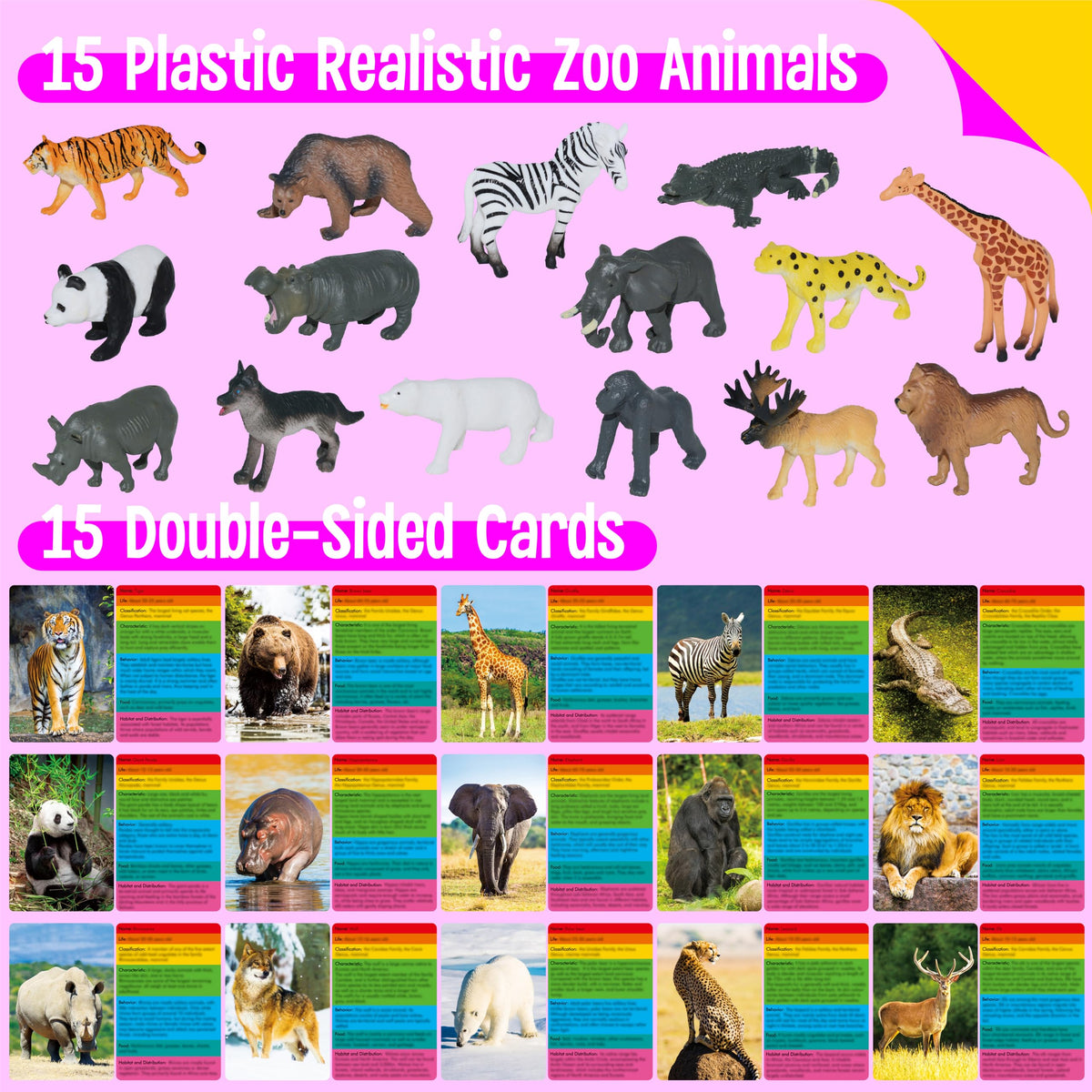 15 PCS Safari Animal Figurines with 15 Introducing Flashcards, Realistic Zoo Animal Figures Montessori Toys Science Educational Matching Game for Homeschool Preschool Toddler Kids