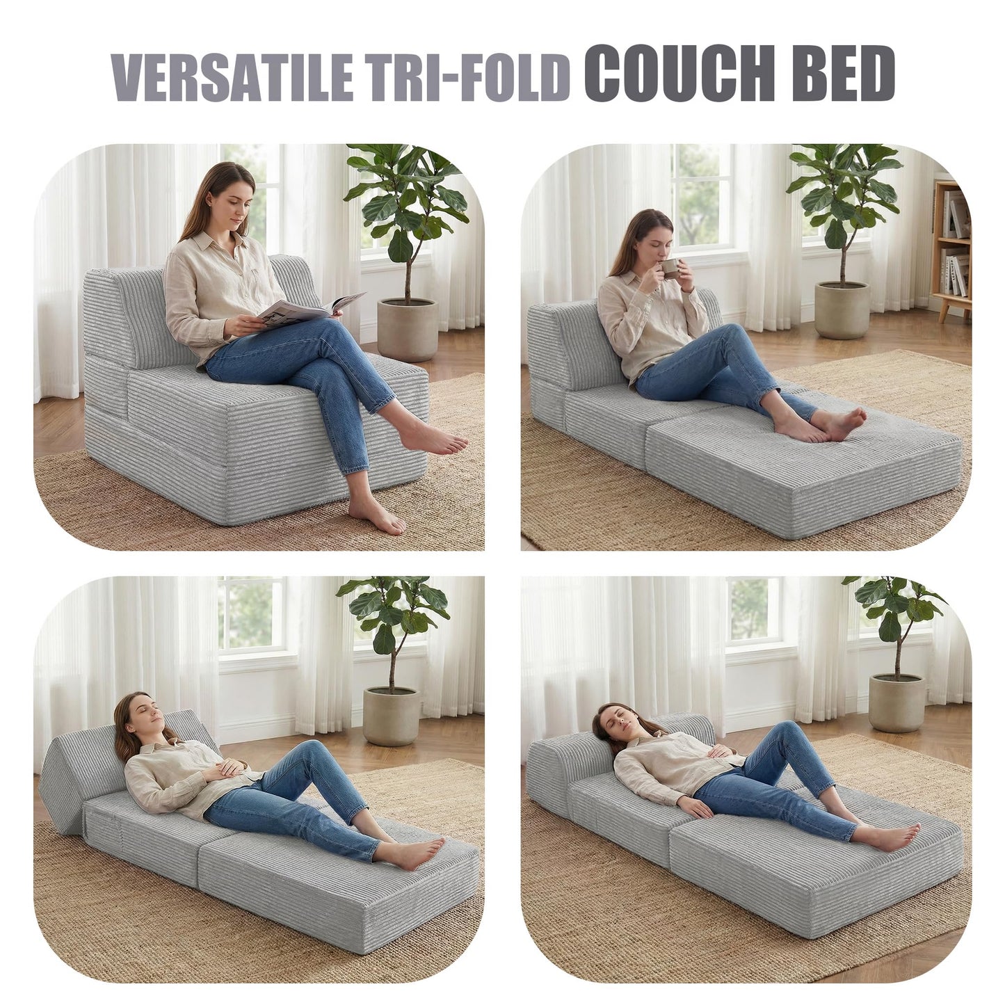 Kasunpul Folding Sofa Bed with Pillow, Memory Foam Fold Out Chair Bed, Convertible Sleeper Chair with Washable Cover, Futon Floor Couch for Living Room/Dorm/Guest Use/Home Office/Apartment, Light Grey
