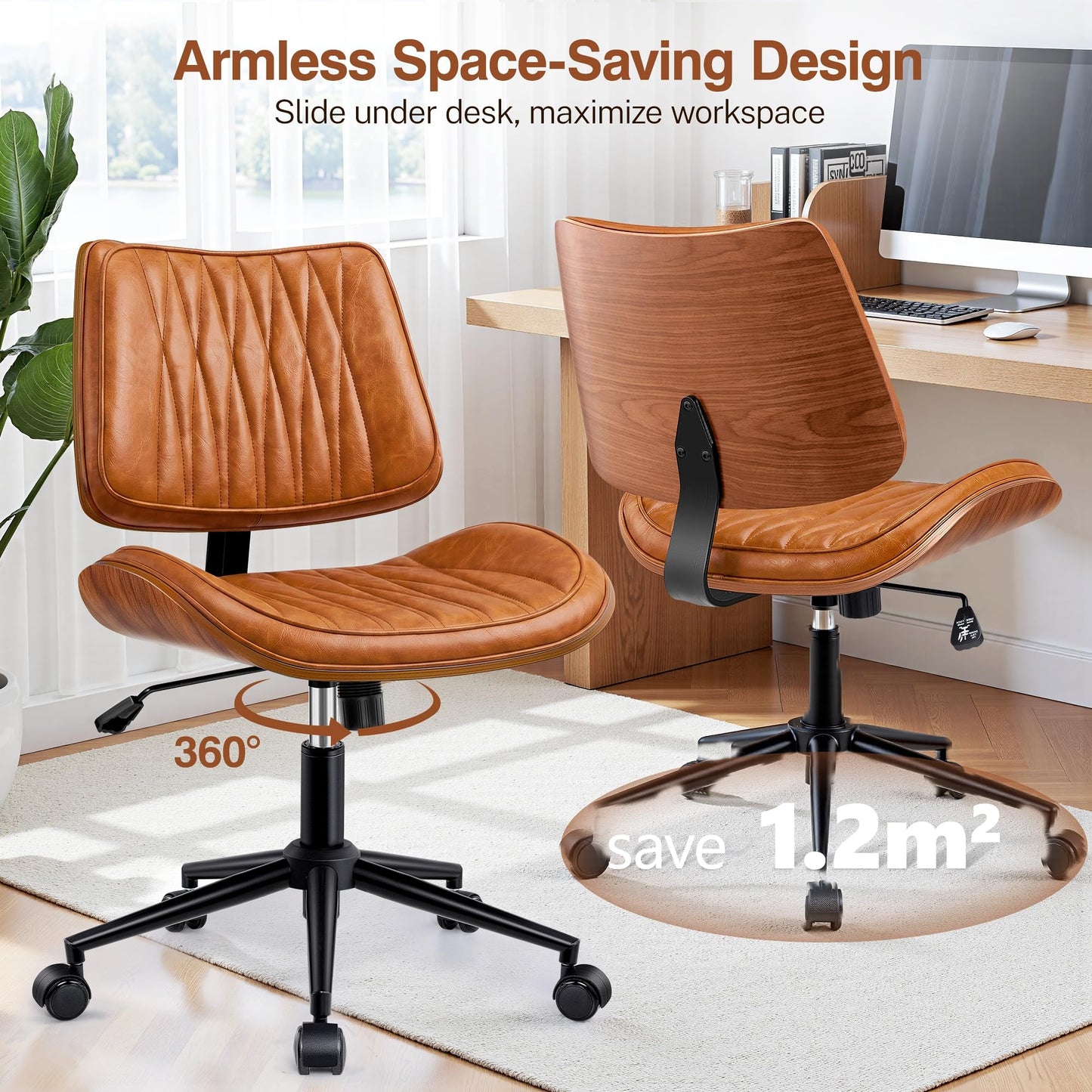 Ergonomic Armless Office Desk Chair - Mid-Century Retro Orange Faux Leather with Diamond Stitch, Adjustable Height Swivel Rolling Task Computer Chair with Walnut Accent for Home Office, Study & Work