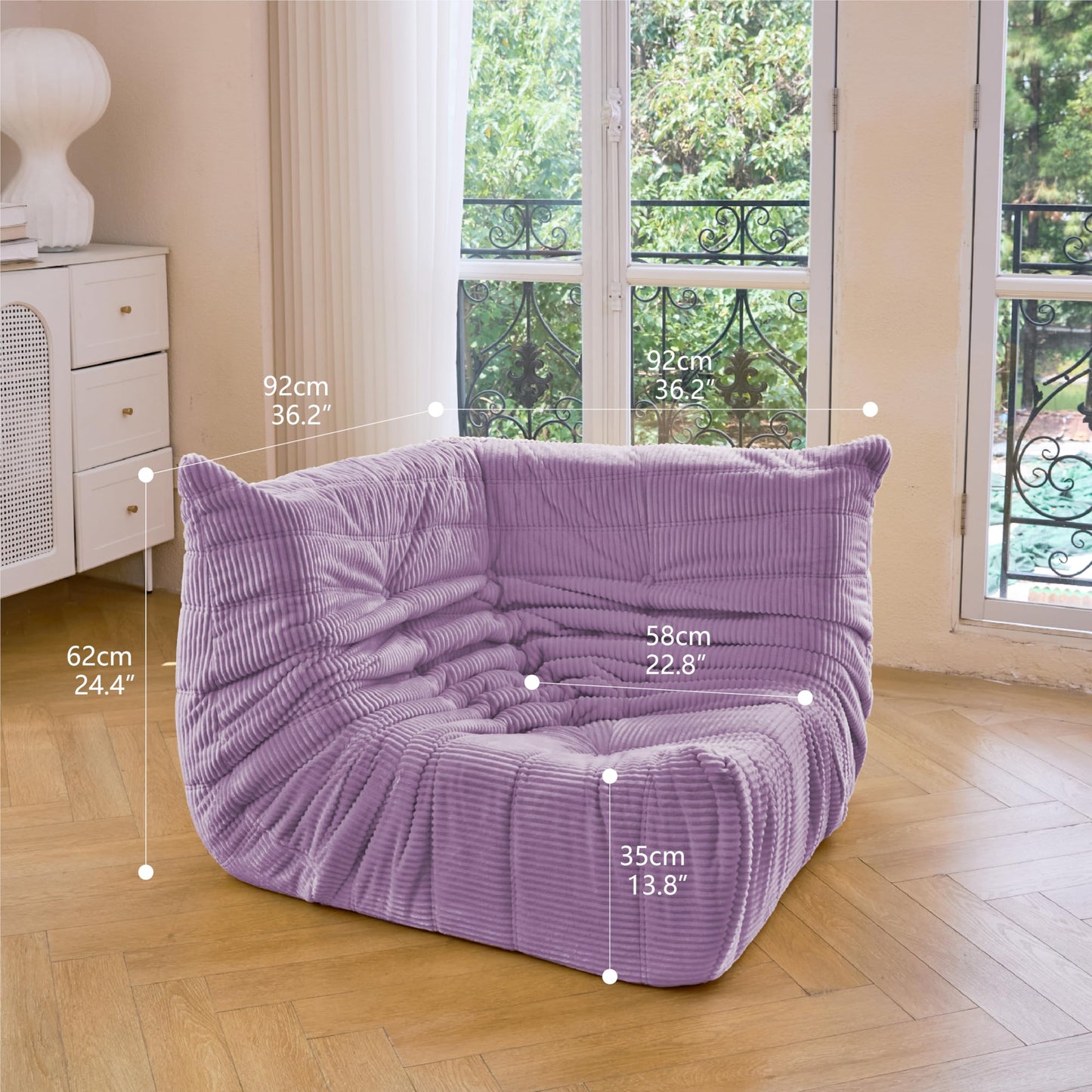 N&V Fireside Corner Chair, Mid Century Armless Floor Sofa, Soft Premium Corduroy Floor Lounge Chair, Foam Sofa Accent Chair for Living Room Bedroom and Office (Lavender)
