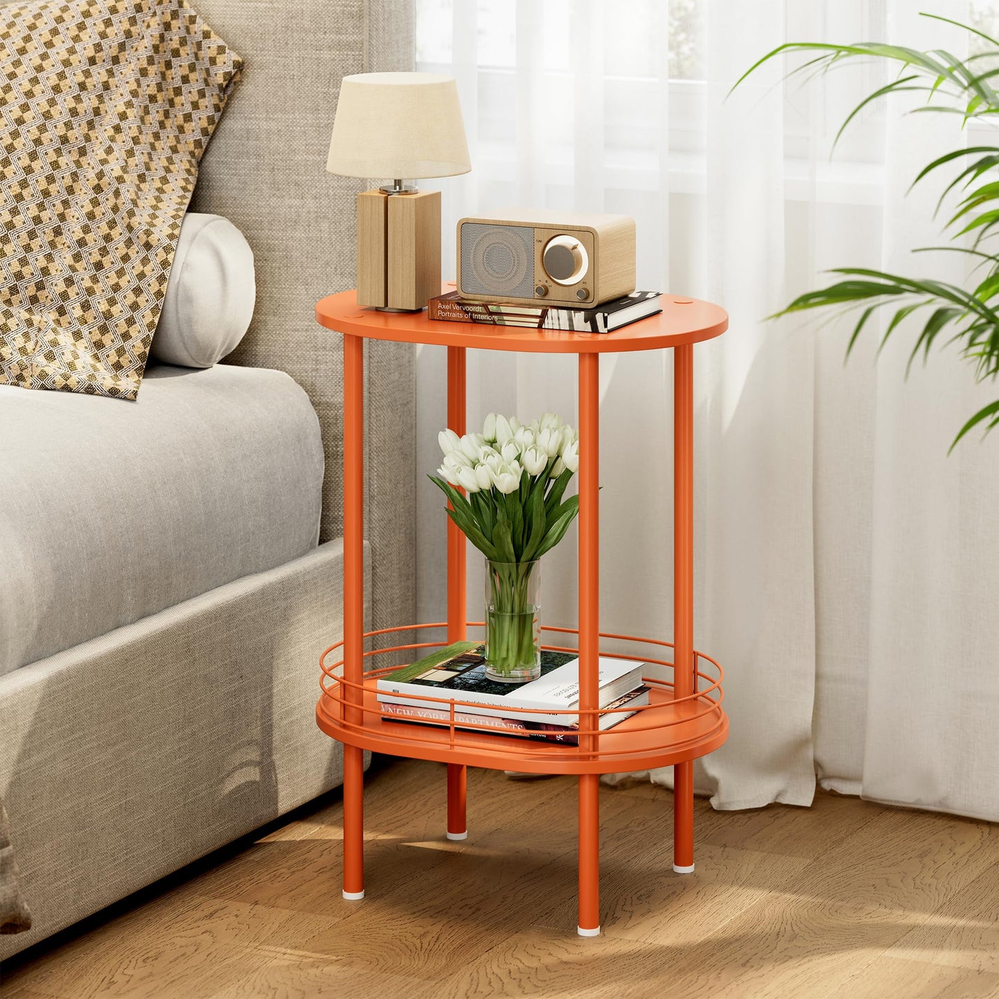 Small Modern Oval Side Table with Storage,2-Tier Side Tables Living Room,Sturdy Nightstand for Small Space - Living Room, Bedroom, Bathroom, Nursery,（1 PC,Orange）