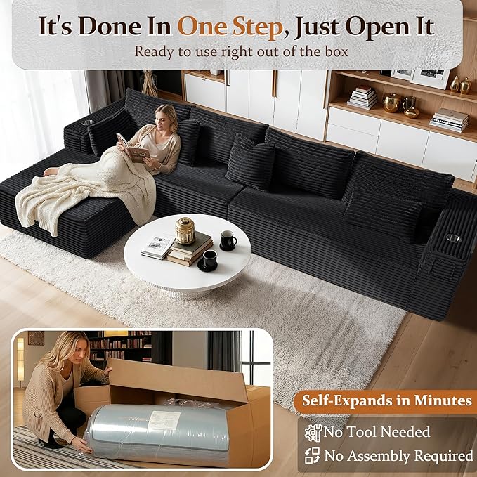 138" Oversized Cloud Sectional Couch, Comfort L Shaped Boneless Couch