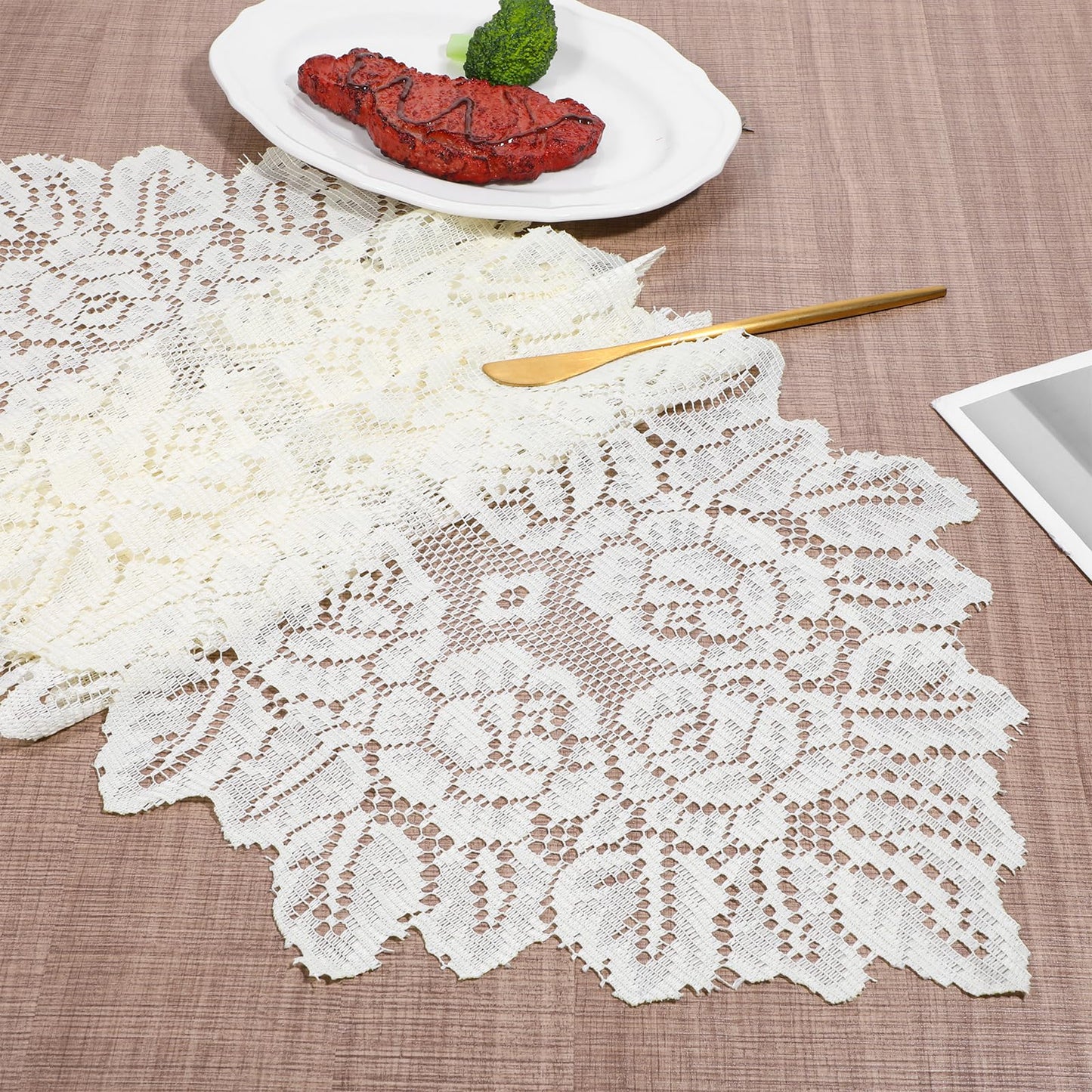 Lace Table Runner Doilies Small Oval Beige Dresser Scarf Handmade Crochet Placemats Dresser Cover Top for Bedrooms Furniture Living Room Dining Decor(46.46 x 12.6 Inch)