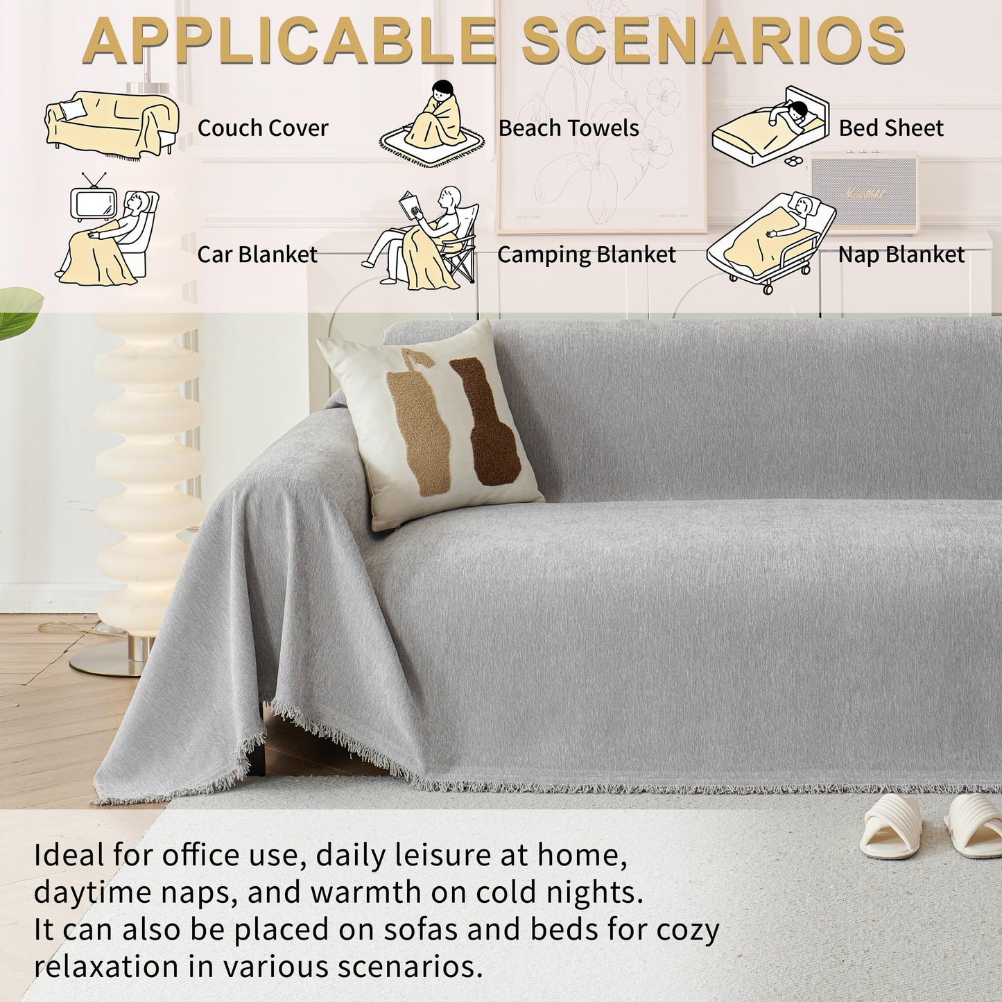 KaviKon Sectional Couch Covers 2-Piece for L Shape Sofa, Chenille Washable Sofa Cover for 2-3 Cushion Couch, Non-Slip Furniture Protector for Dogs,Pets, Soft Couch Blanket Slipcovers Sets (L-Grey)