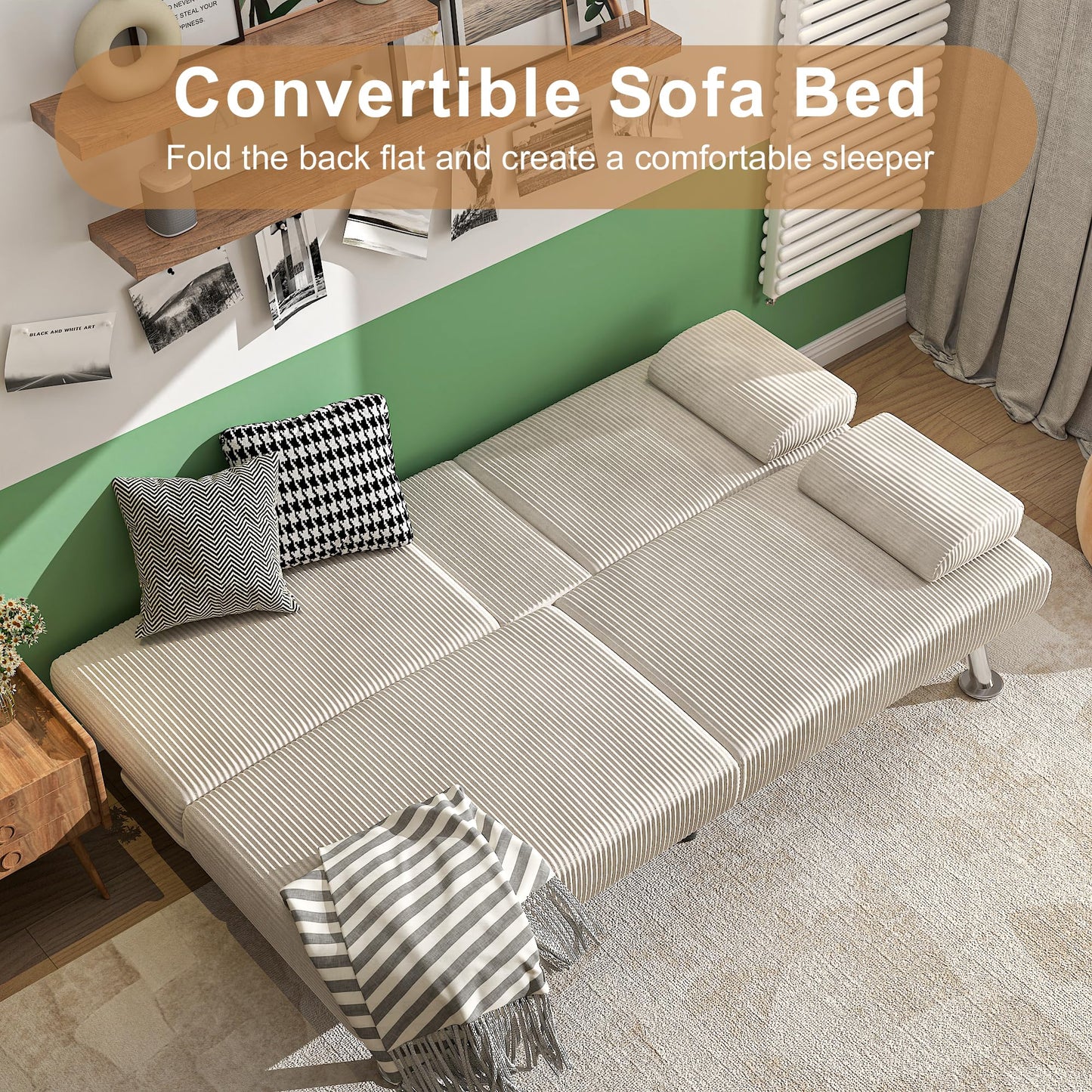 Shahoo Modern Upholstered Convertible Folding Futon Sofa Bed with Removable Armrests, Metal Legs, 2 Cup Holders for Living Room, Beige