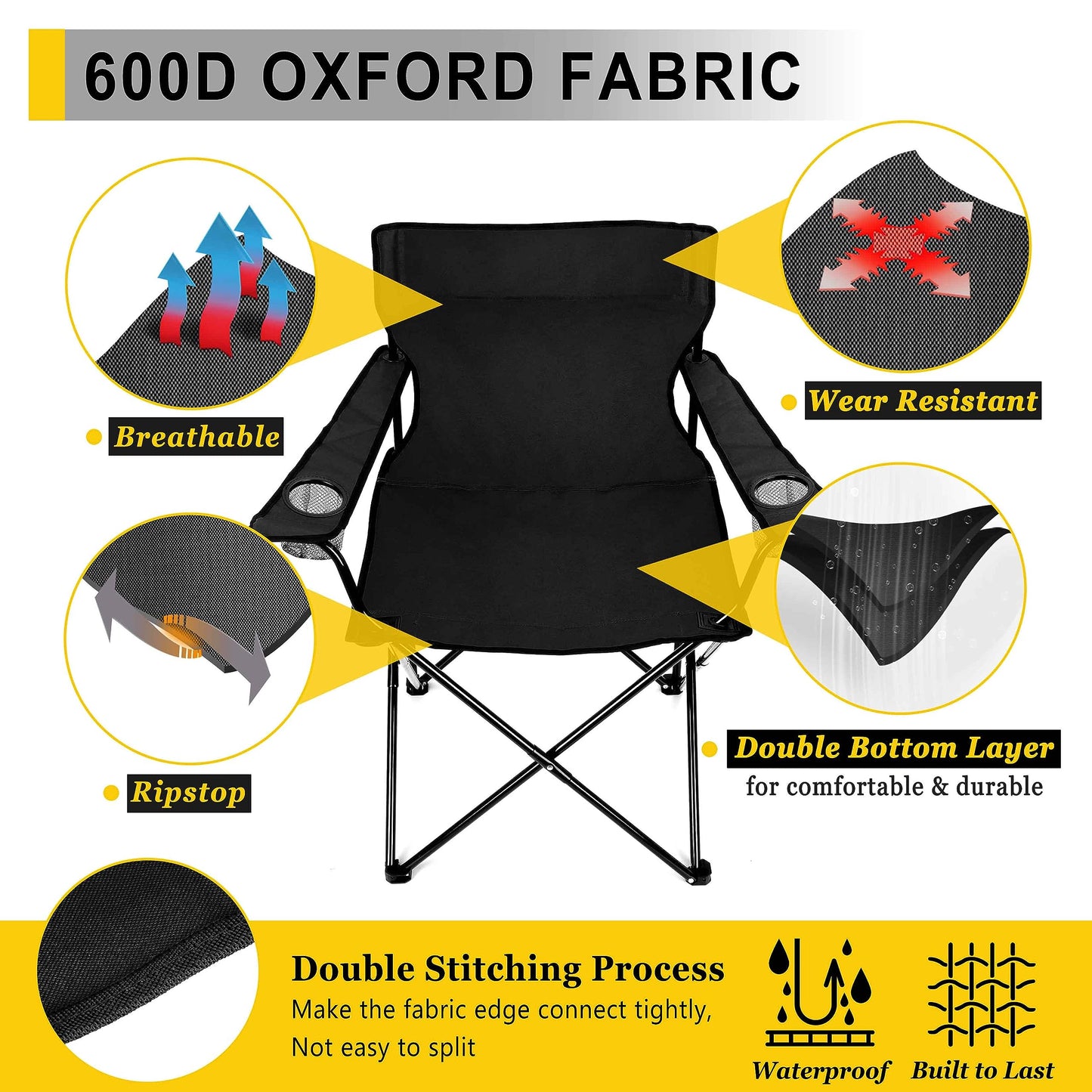 Joyfair Portable Camping Chair, Outdoor Lawn Folding Chairs for Adults, Heavy Duty Large Foldable Chairs for Beach, Fishing, Tailgating and More Outdoor Sport, Carry Bag & Cup Holder (Black)