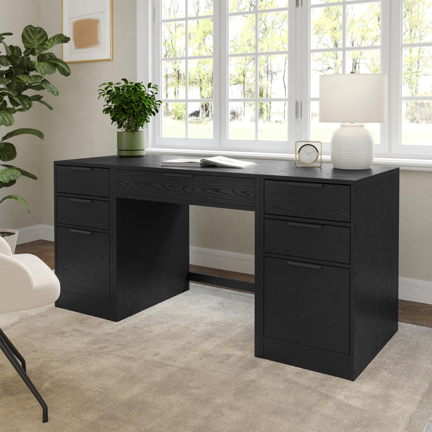 Martha Stewart Kayden Home Office Modular Desk with Drawer and Dual 3 Drawer File Cabinets in Black with Oil Rubbed Bronze Hardware