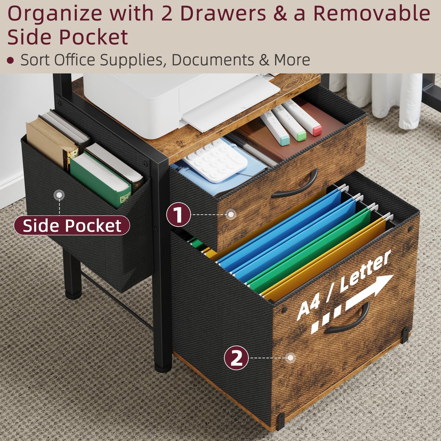HIGDBFE File Cabinet with 2-Tier Shelf, Letter Size Drawer Filing Cabinet with Reversible Side Bag, Vertical Office Cabinet Printer Stand with Storage for Home Office, Rustic Brown, 16.5" W