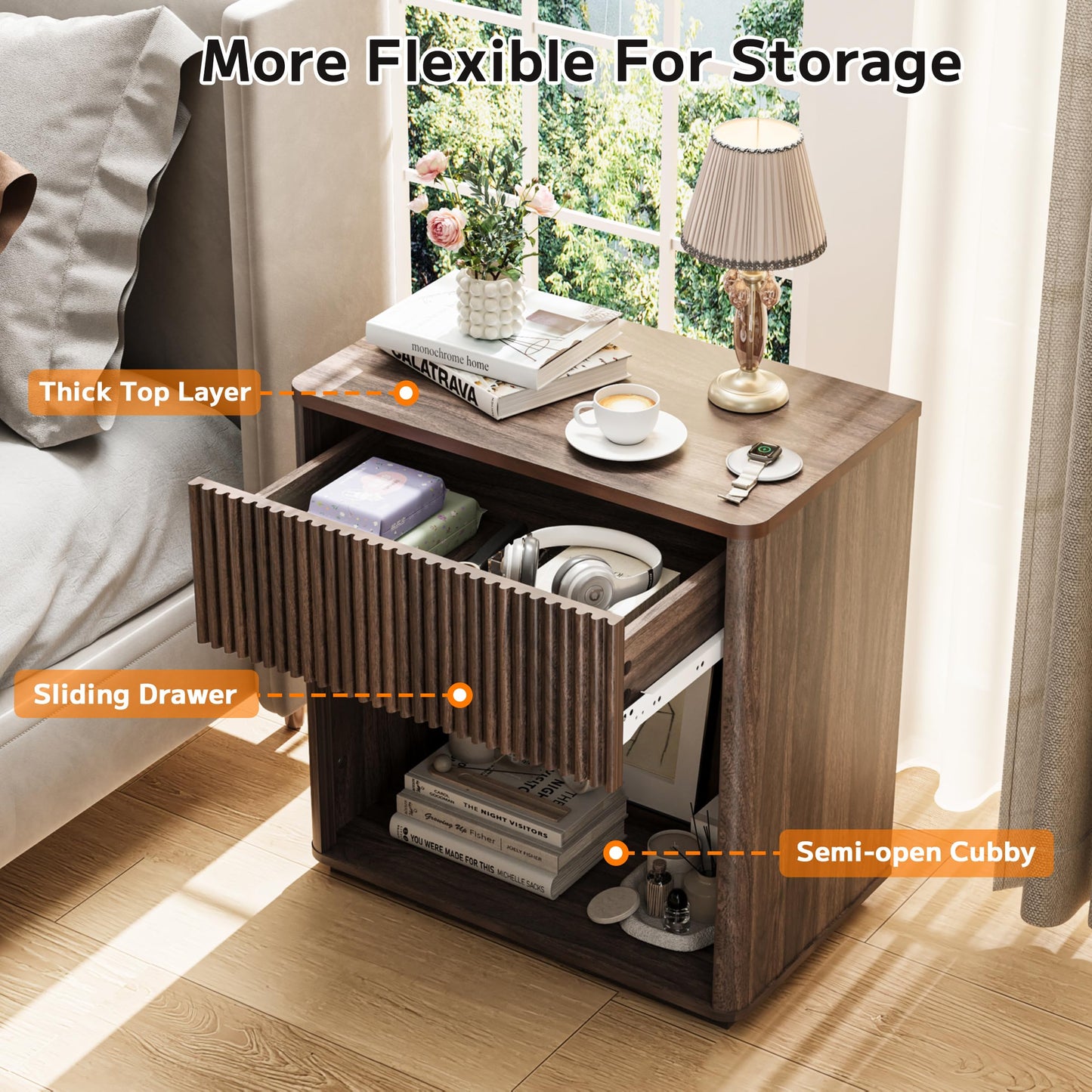 Cychuily Modern Fluted Nightstand Set of 2 for Bedroom, Mid Century Bedside Table with Drawer & Open Shelf, Wood End Table, Farmhouse Night Stand for Home, Hallway, Office, Walnut