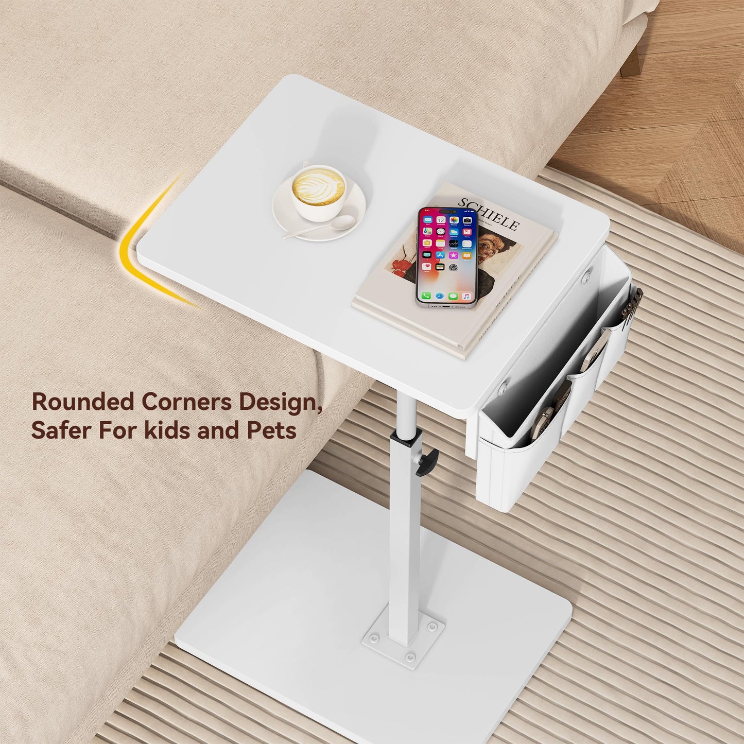 Vagusicc Sofa Armrest Tray Table for Couch, 360° Swivel Height Adjustable TV Tray Table for Small Spaces, Snack Side Table for Couch, Bed, Chair, C Shaped End Side Table for Eating, Reading, Laptop