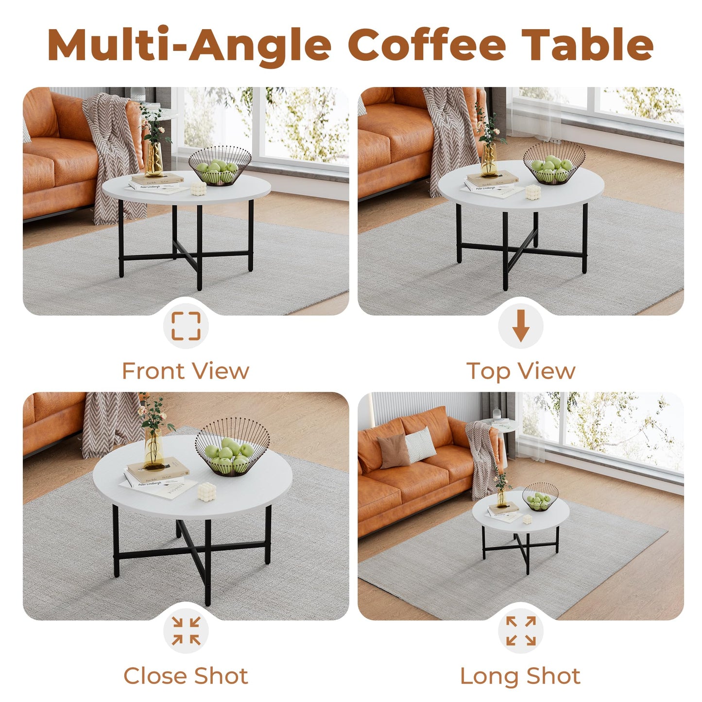 FAMIDGE Coffee Table, 23.6" Coffee Tables for Living Room, Round Coffee Table with Metal Frame, Floor Table for Sitting on The Floor, Home, Office, White