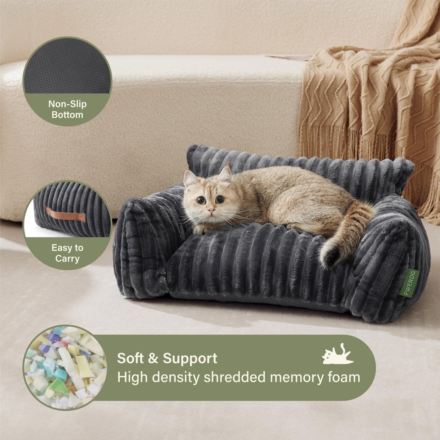 FWERDG Cute Couch Bed for Pets, Supportive Cat Sofa for Indoor Cats, Small Dog Sofa Bed for Small Dogs, Grey, 24 inches