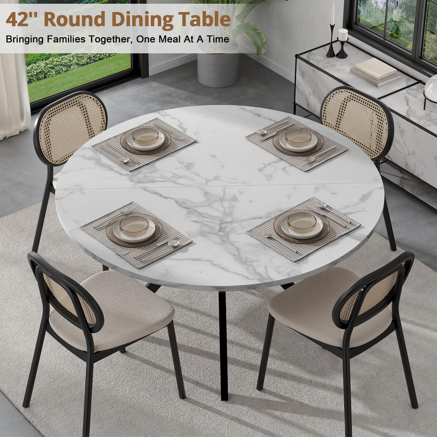 42" Round Dining Table for 2-4, Modern Kitchen Table with Faux Marble Tabletop & Metal Legs, Space Saving Circle Table with Storage, Wood Kitchen & Dining Room Tables for Kitchen Dining Room