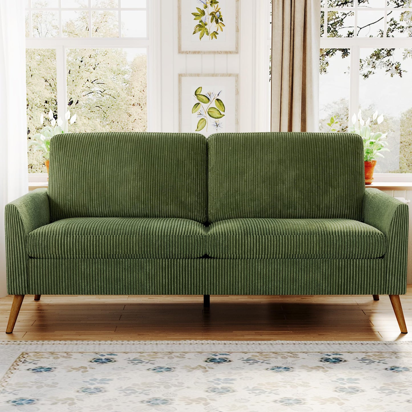 AMICLIBER 68" Loveseat Sofa, Comfy Green Corduroy Couches for Living Room, Mid Century Modern Love Seat Sofa, Tool-Free Setup Small Couches for Bedroom Office