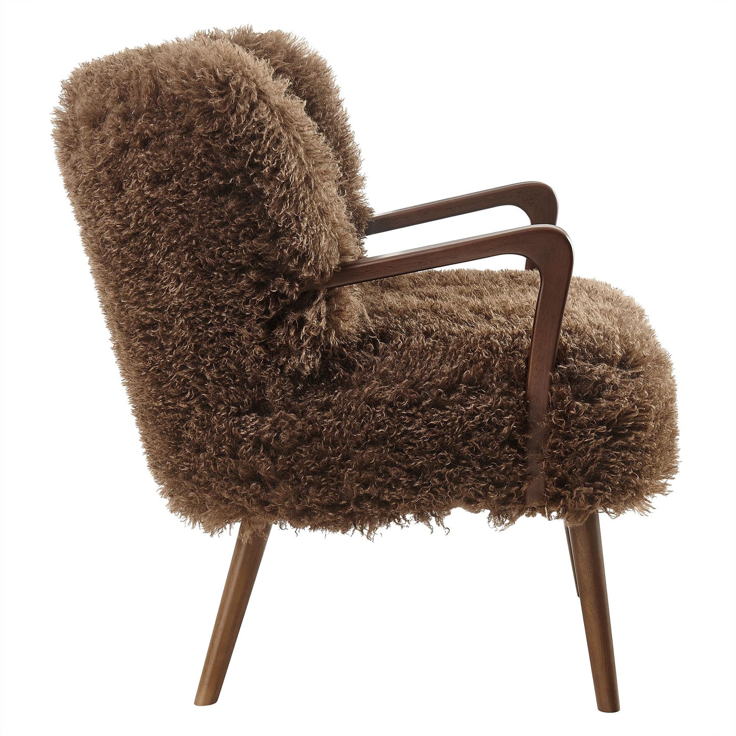 Modway Zerra Upholstered Faux Shearling Lounge Chair in Brown – Mid-Century Modern Accent Armchair with Wood Frame – Fuzzy Fabric Single Sofa Chair