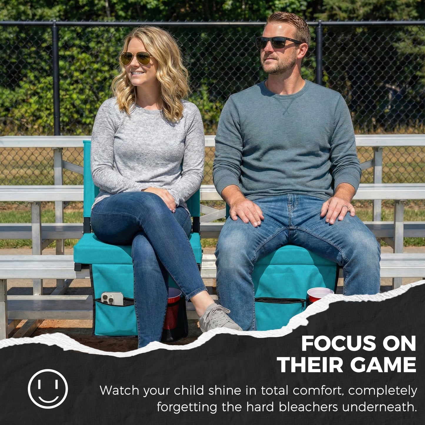 SPORT BEATS Stadium Seats with Back Support Bleacher Chairs with Back and Cushion Thick Padded Bleacher Seats Includes Shoulder Strap Cyan 1pc Standard