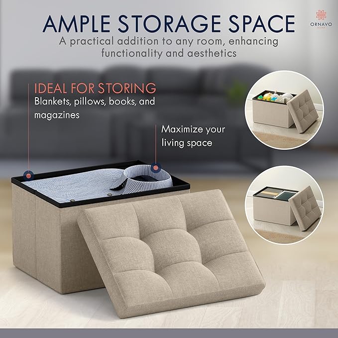 Ornavo Home Small Storage Ottoman Foldable Collapsible Rectangle Linen Ottoman