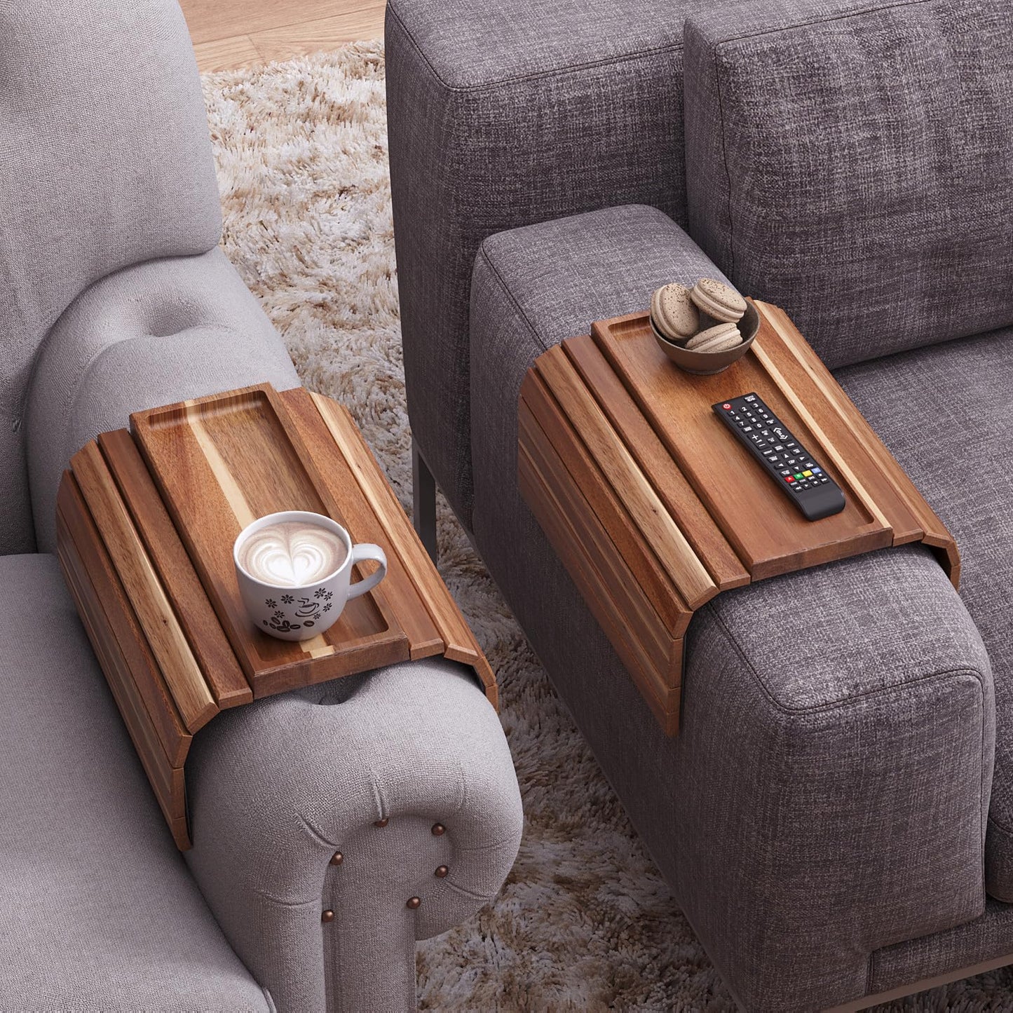 Danfoxer Sofa Arm Tray,Acacia Wood Folding Couch Arm Tray,Sofa Armrest Trays with Anti-Slip Pad for Drinks,Snacks,Phone,Remote Control 2 PC