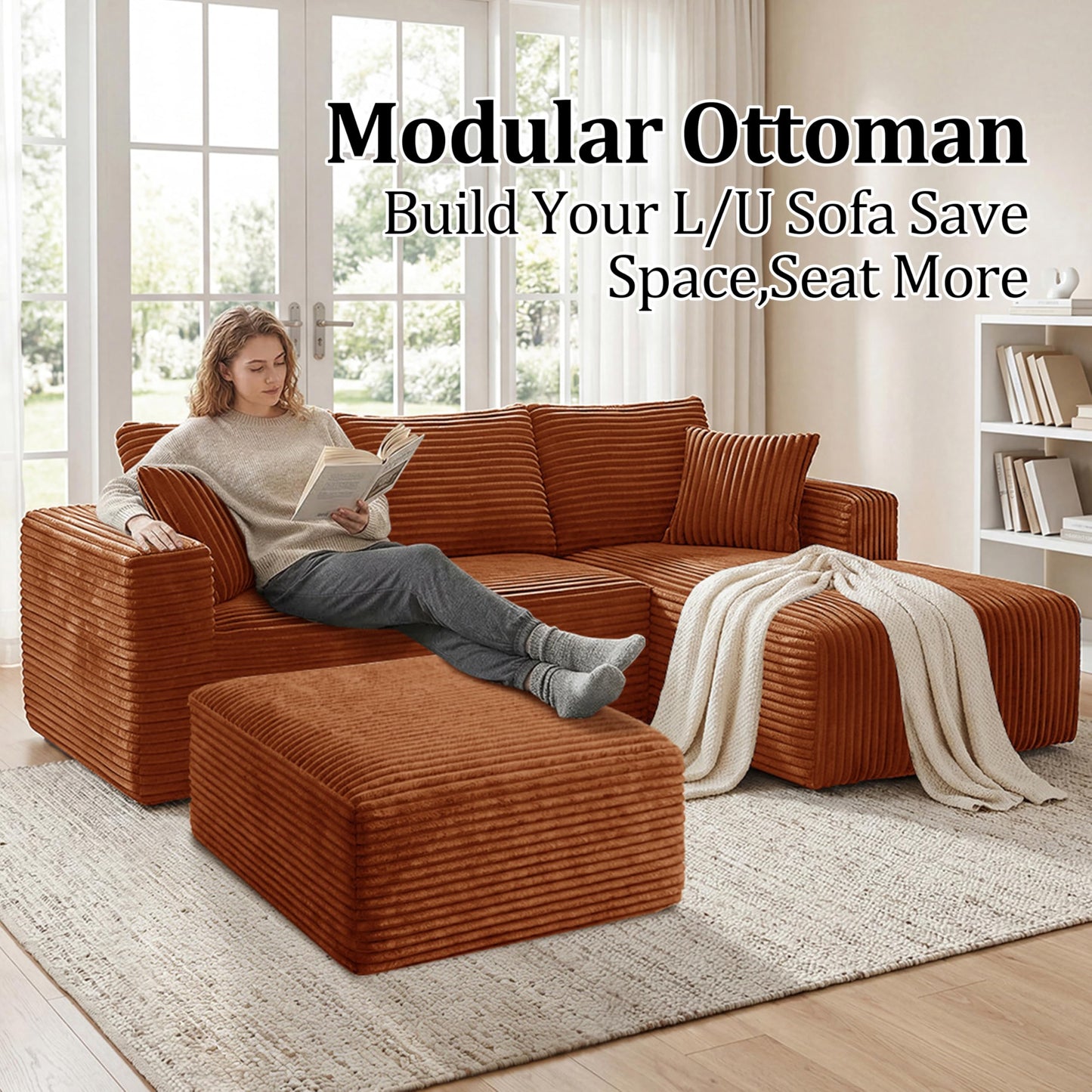 Corduroy Ottoman, Modern Boneless Cloud Foot Rest Foam Support, Oversized Modular Sectional Sofa Rectangel Stool for Living Room, Bedroom & Small Spaces, No Assembly Required (Orange, Ottoman)