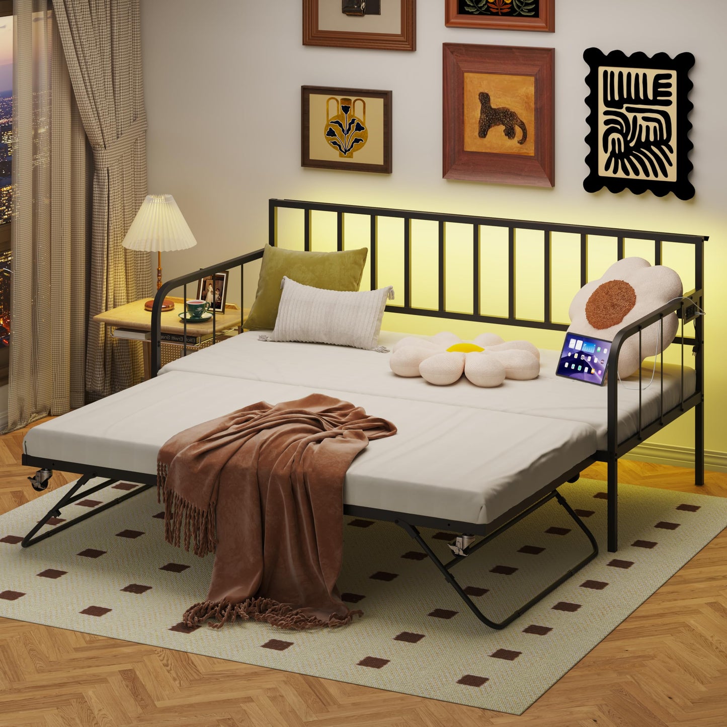 JOJOZOO Daybed with Trundle, Heavy Metal Twin Size Bed with USB Charging Station & LED Lights, Space Saving for Living Room, Bedroom, Guest Room