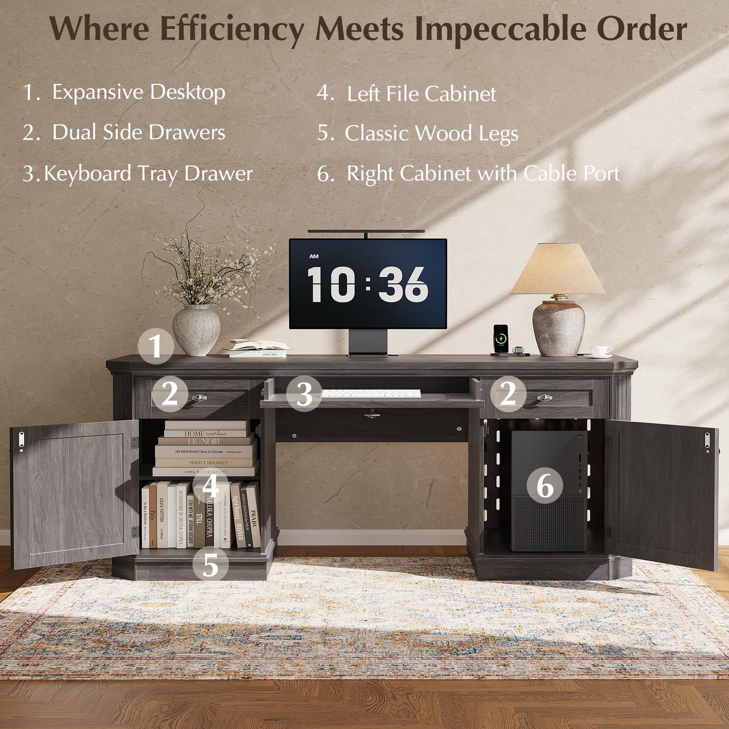AMBERHAUS 59" Classic Executive Desk with Storage, Victorian Executive Desk with Charging Station, Keyboard Tray, 3 Drawers & 2 Cabinet Storage & 2 Pedestals, Easy Assembly, Black