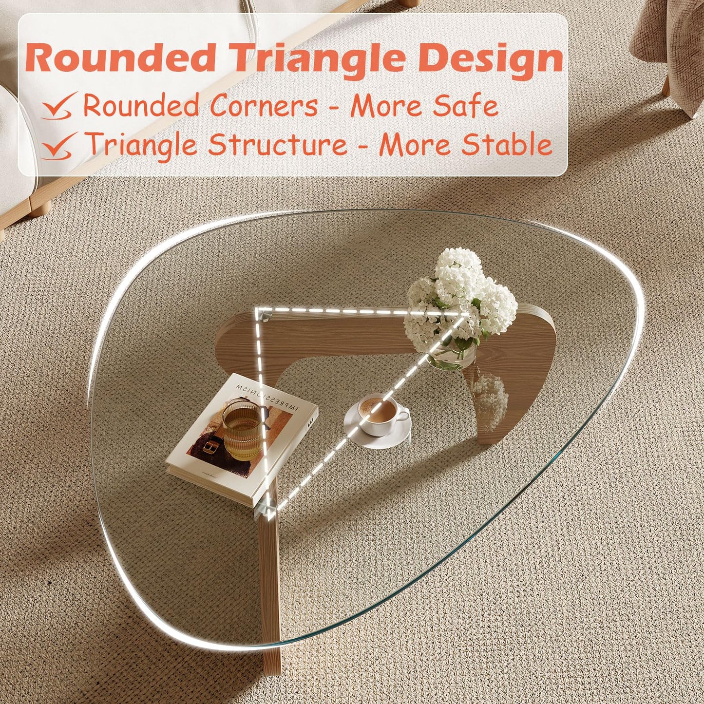 Miloyer Modern Coffee Table for Living Room and Small Spaces, 35.6" x 25.4" x 15.8" Triangle Tempered Glass Table Top and Solid Wood Base, Natural Wood