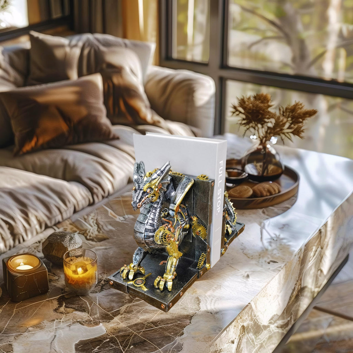 Large Steampunk Fantasy Dragon Statue, Decorative Bookends for Heavy Books, Unique Book Ends Decor for Shelves.