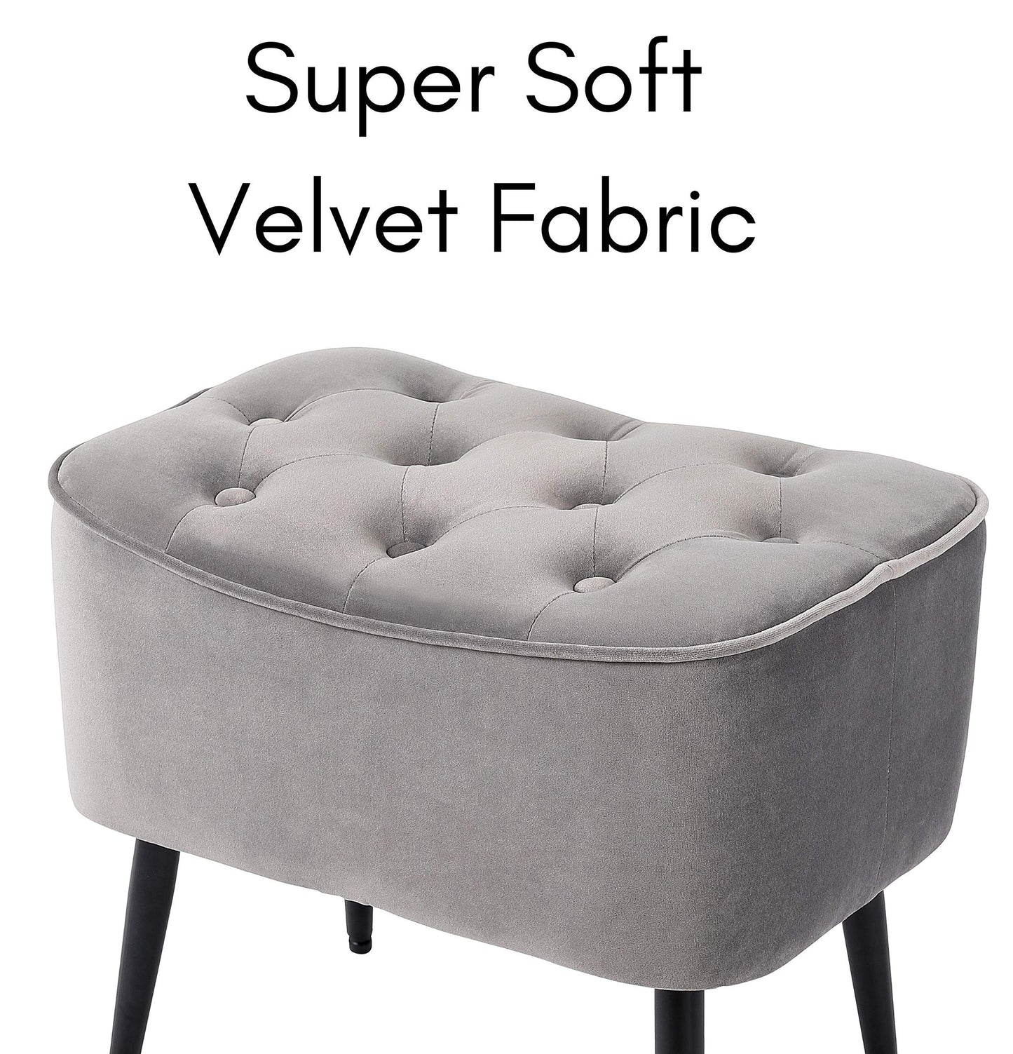 BIRDROCK HOME Tufted Curve Ottoman Velvet Foot Stool - Modern Upholstered Padded Footrest for Living Room or Bedroom - Small Cushioned Accent Chair for Couch, Sofa, or Large Seating (Grey)