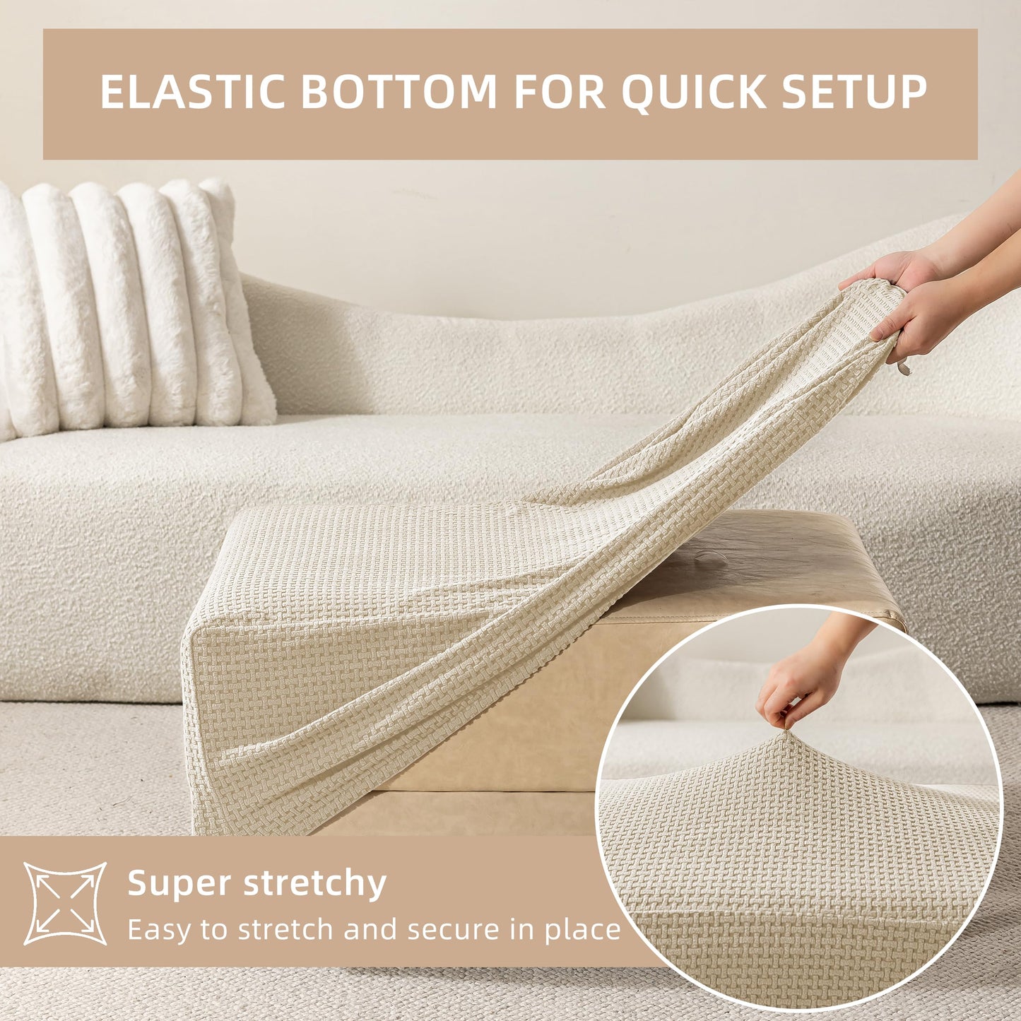 KaviKon Ottoman Cover Slipcover Rectangle Fit Length 25"-30" Stretch Foot Stool Slip Cover, Footrest Slipcovers Protector with Elastic Band, Ottoman Cover Removable Washable(Small,Grid Weave White)