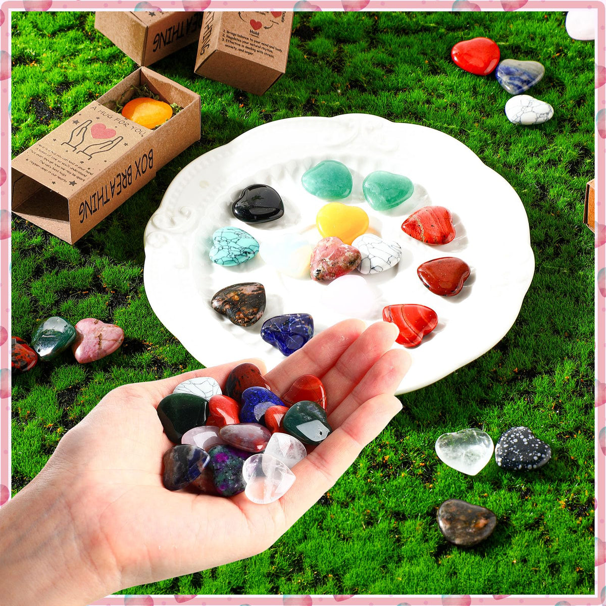 Landical 50 Sets Pocket Hug Token Gifts Bulk Little Heart Rocks Small Crystal Heart Stones Bulk with Boxes for Birthday Party Colleagues Family Celebration of Life Gifts (Classic)