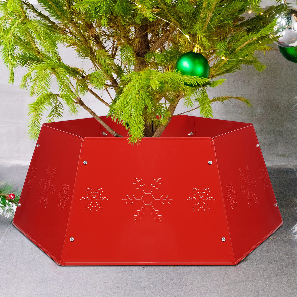FORUP Metal Christmas Tree Ring with Printed Snowflake, Tree Skirt Base Stand for Christmas Decorations (Red)