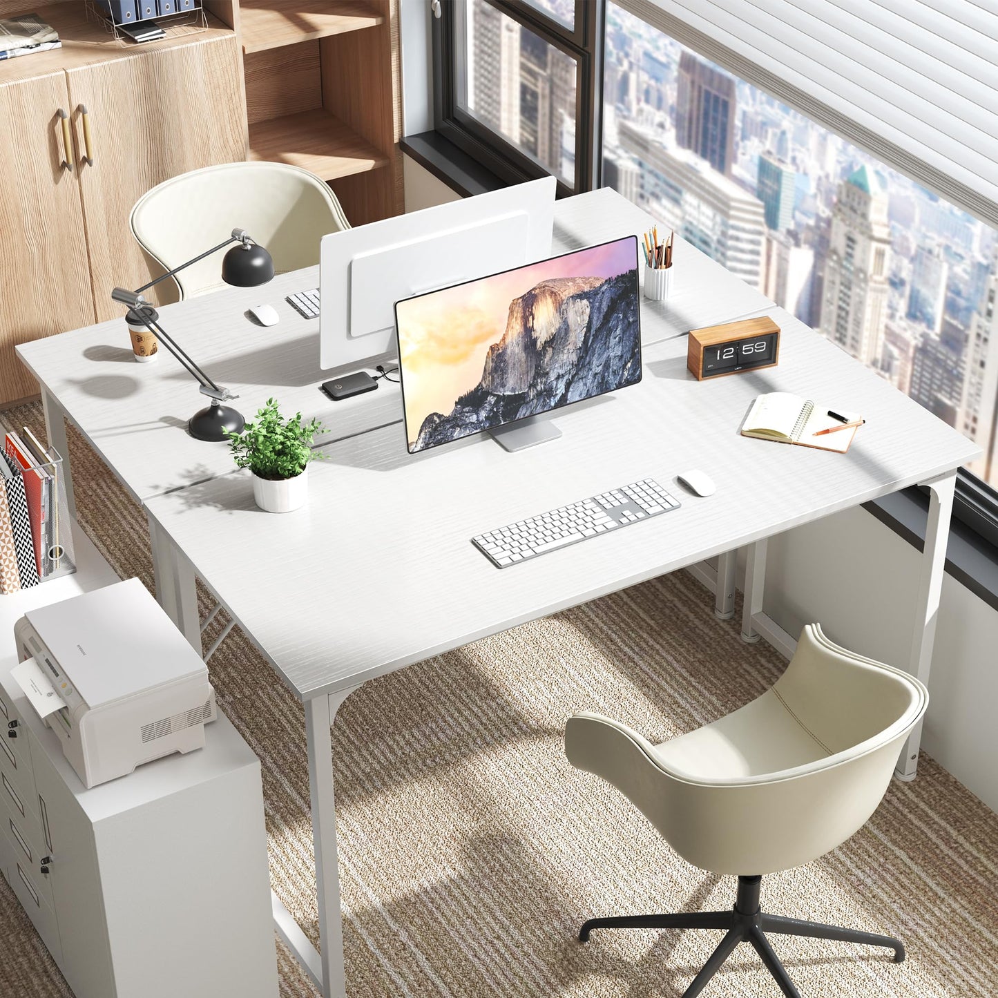 Huuger Computer Desk, 55 Inch Home Office Desk, Gaming Writing Work from Home Study Desk, Large Legroom, Sturdy Metal Frame, Modern Simple, White