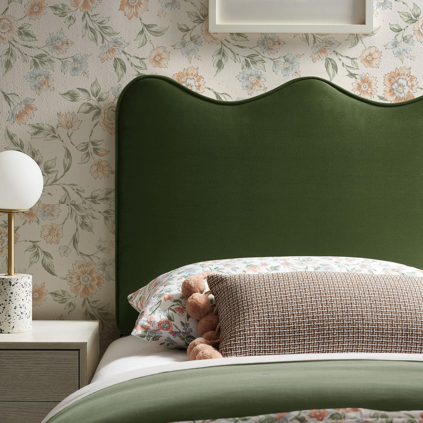 Monday Athena Twin Size Performance Velvet Adjustable Headboard in Moss Green - with Scalloped Wave Design and Stain-Resistant Velvet Upholstery
