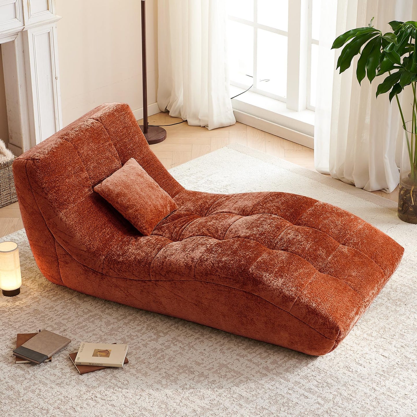 Huadeo Chaise Lounge Chair with Curved Back, Modern Upholstered Recliner Sofa, Tufted Accent Lounger Comfortable Lazy Chair for Bedroom, Apartment (Orange)