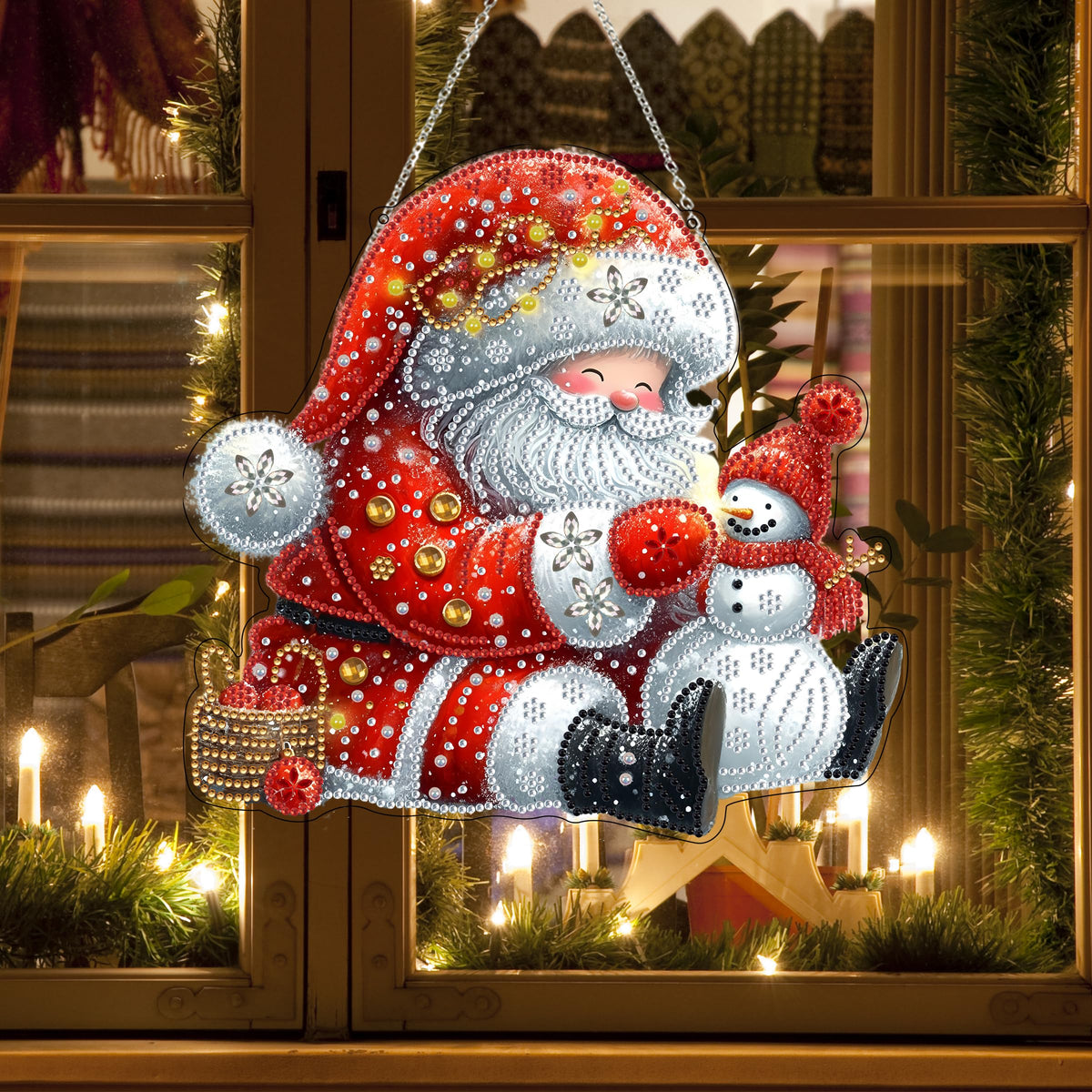 JJFox Diamond Art Hanging Kit for Adult,Special Shaped Rhinestone,DIY Acrylic 5D Diamond Art Painting Window Pendants Home Garden Wall Hanging Kits Hanging Ornament,Double Sided. (Father Christmas)