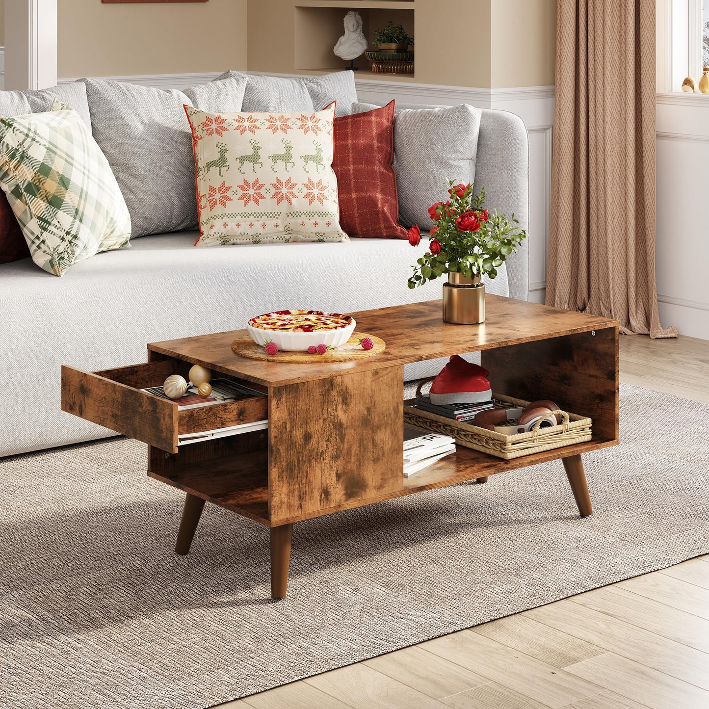 WLIVE Coffee Table, 39.4" Wood Coffee Table with Sliding Top up to 50" TV, Modern Center Table with Open Storage Shelf for Living Room, Bedroom, Rustic Brown